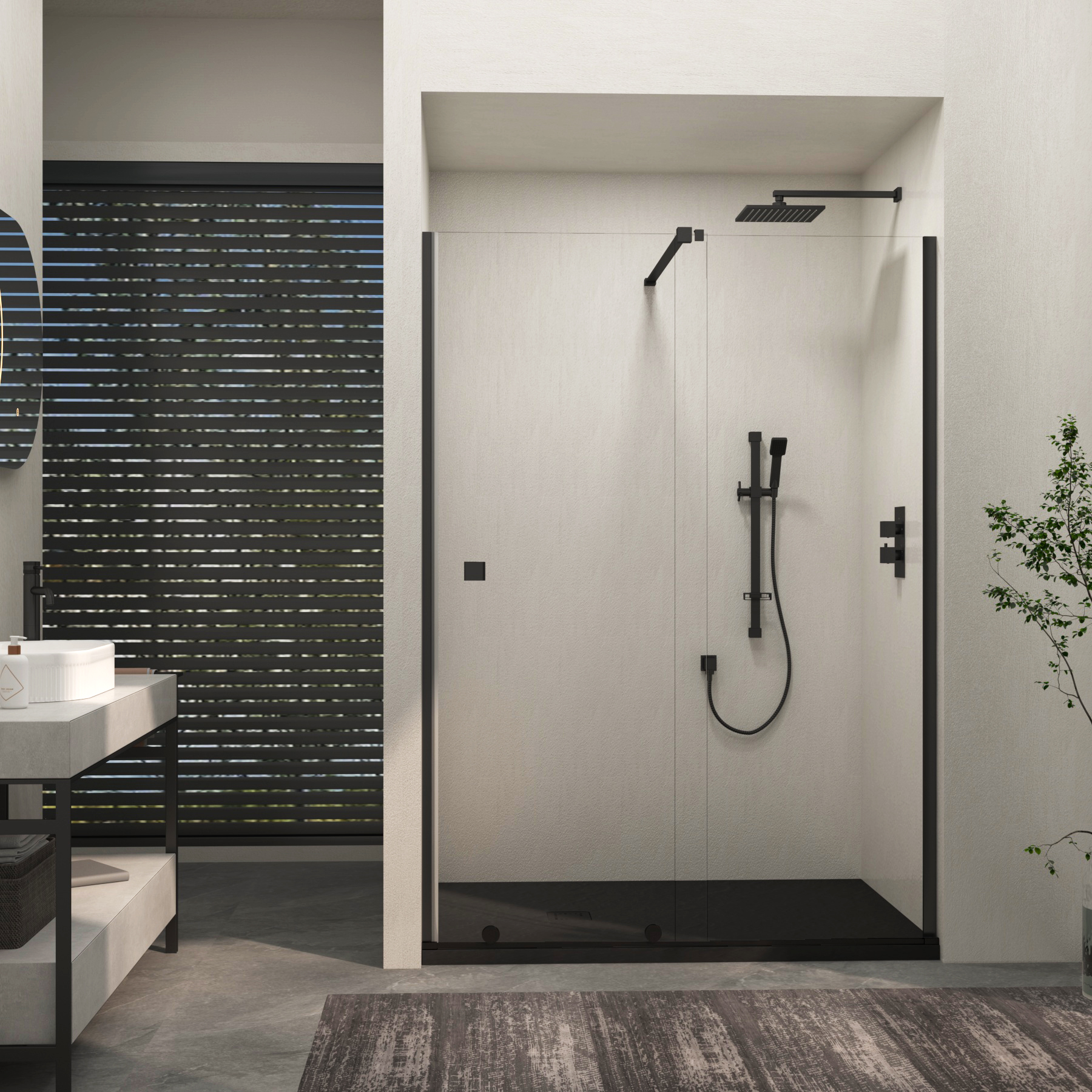Luton Recessed Sliding Shower Screen with Black Slate Effect Stone Shower Tray 8mm Glass, 1950mm Tall - Matt Black