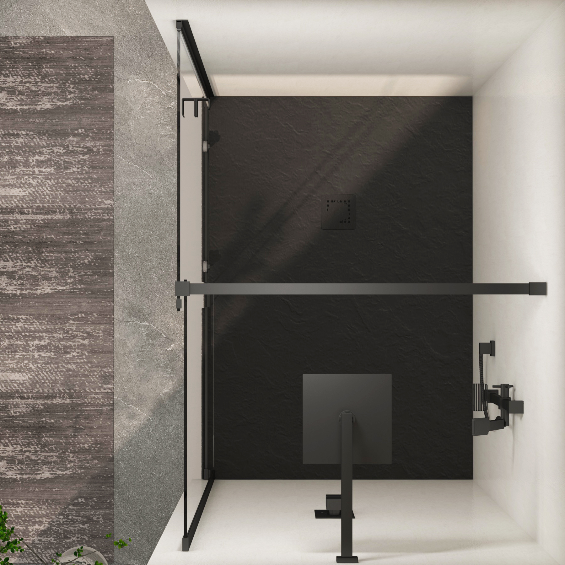 Luton Recessed Sliding Shower Screen with Black Slate Effect Stone Shower Tray 8mm Glass, 1950mm Tall - Matt Black