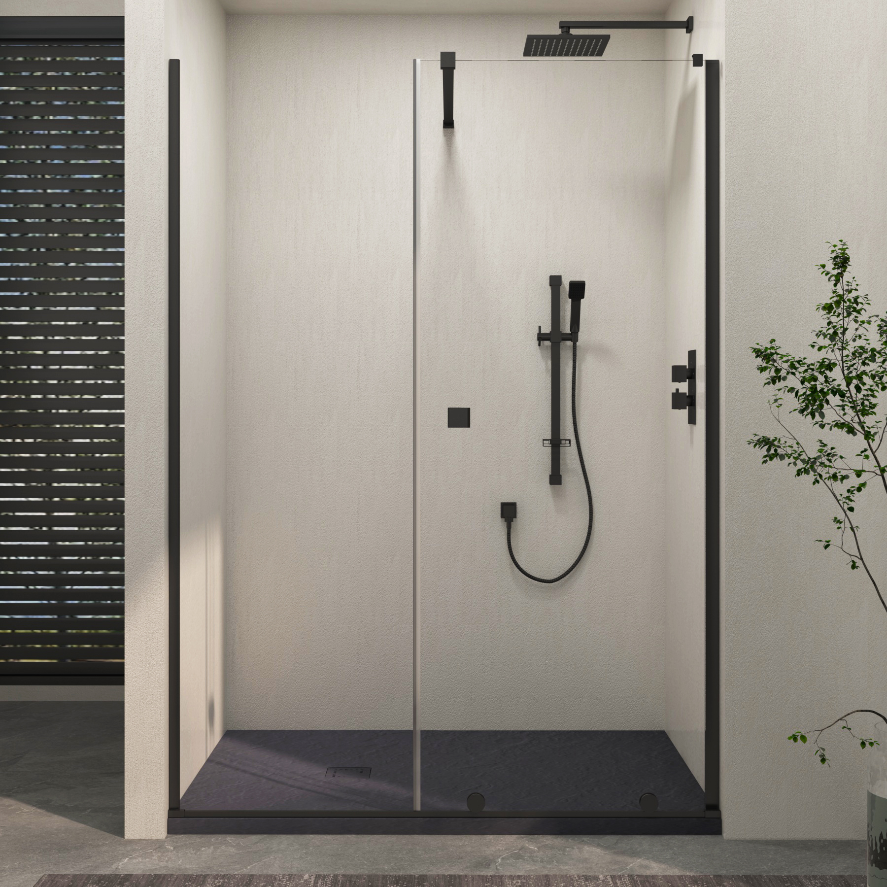 Luton Recessed Sliding Shower Screen with Grey Slate Effect Stone Shower Tray 8mm Glass, 1950mm Tall - Matt Black