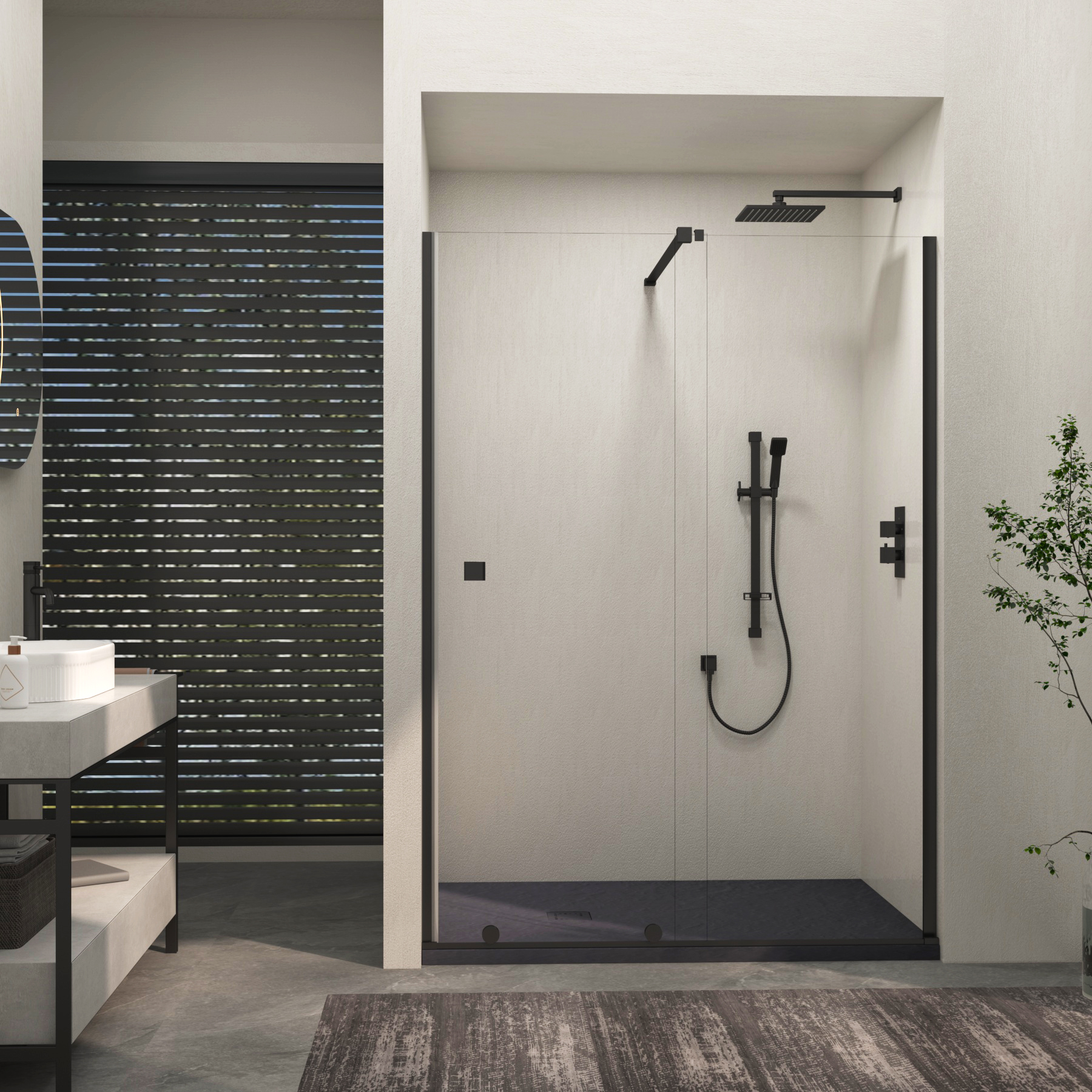 Luton Recessed Sliding Shower Screen with Grey Slate Effect Stone Shower Tray 8mm Glass, 1950mm Tall - Matt Black