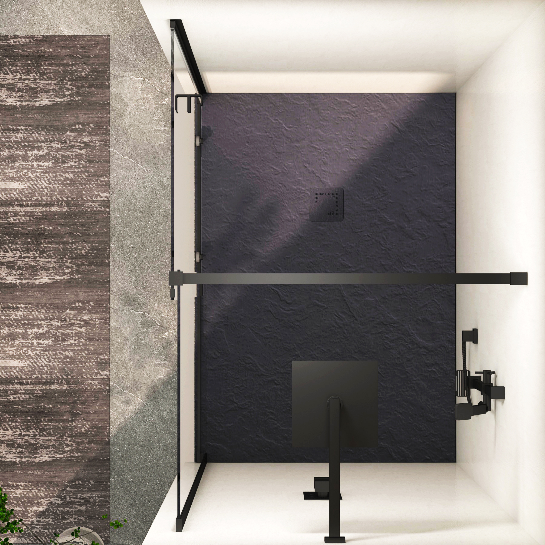 Luton Recessed Sliding Shower Screen with Grey Slate Effect Stone Shower Tray 8mm Glass, 1950mm Tall - Matt Black