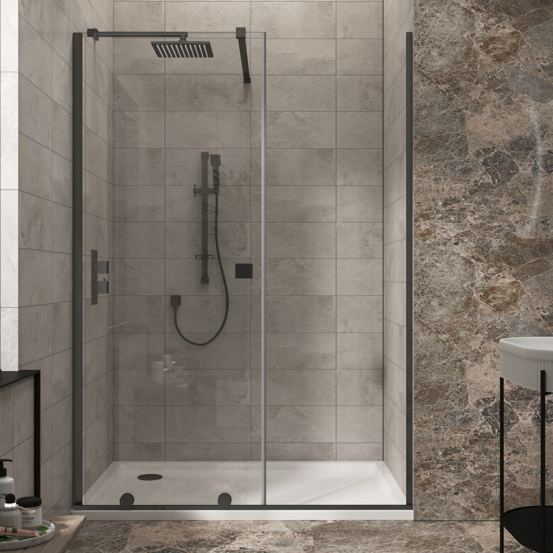 Luton Wet Room Recessed Sliding Shower Screen 8mm Easy Clean Glass, 1950mm Tall - Matt Black