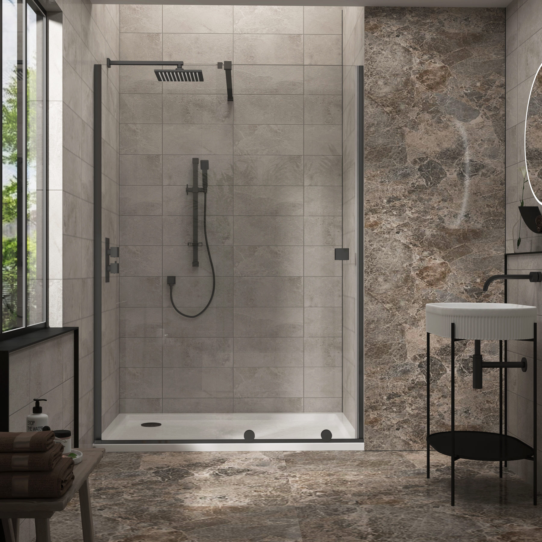 Luton Wet Room Recessed Sliding Shower Screen 8mm Easy Clean Glass, 1950mm Tall - Matt Black