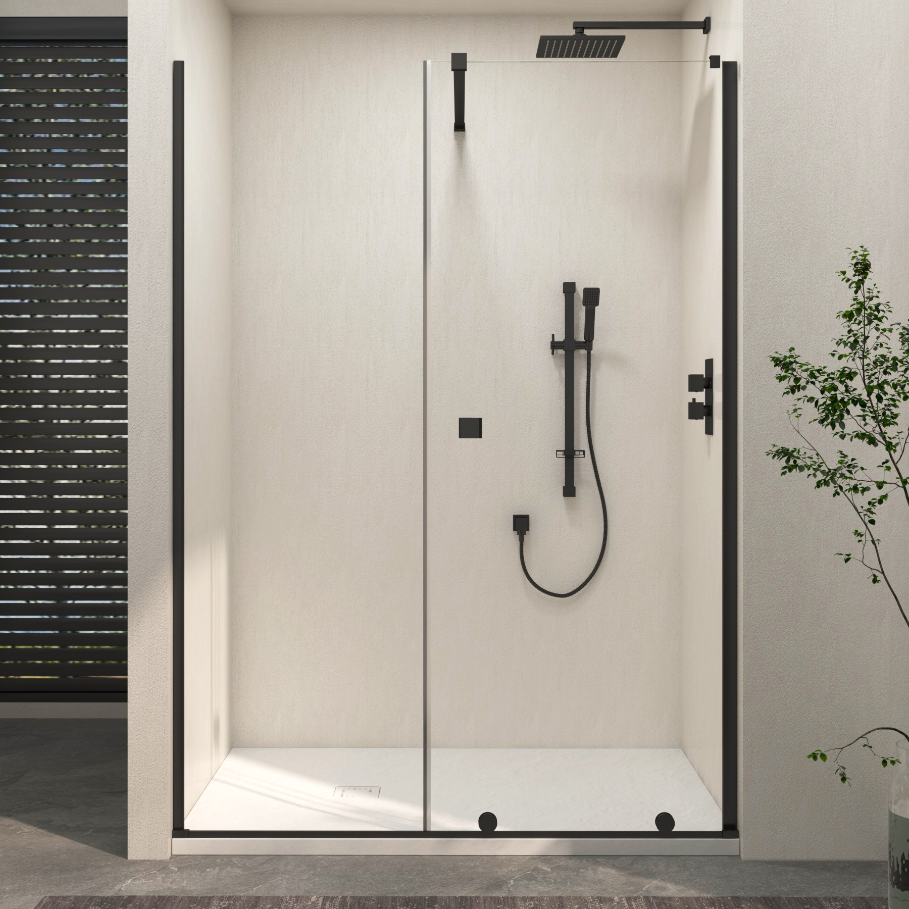 Luton Recessed Sliding Shower Screen with White Slate Effect Stone Shower Tray 8mm Glass, 1950mm Tall - Matt Black