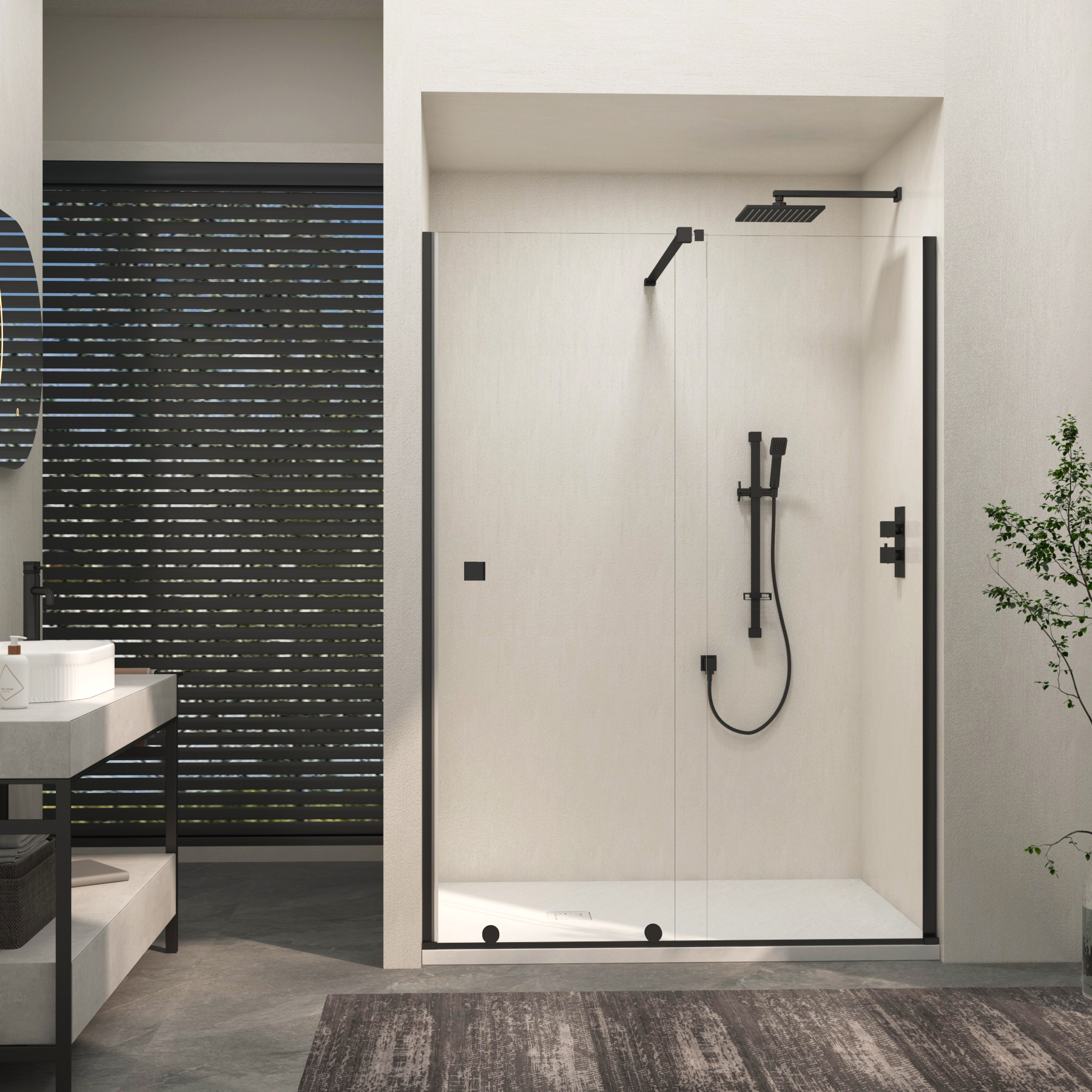 Luton Recessed Sliding Shower Screen with White Slate Effect Stone Shower Tray 8mm Glass, 1950mm Tall - Matt Black