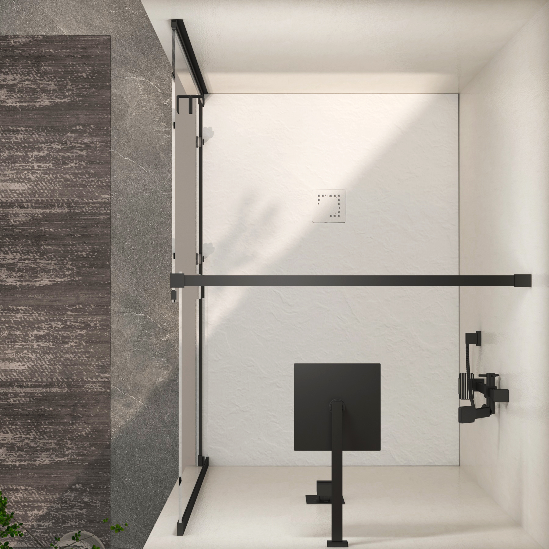 Luton Recessed Sliding Shower Screen with White Slate Effect Stone Shower Tray 8mm Glass, 1950mm Tall - Matt Black