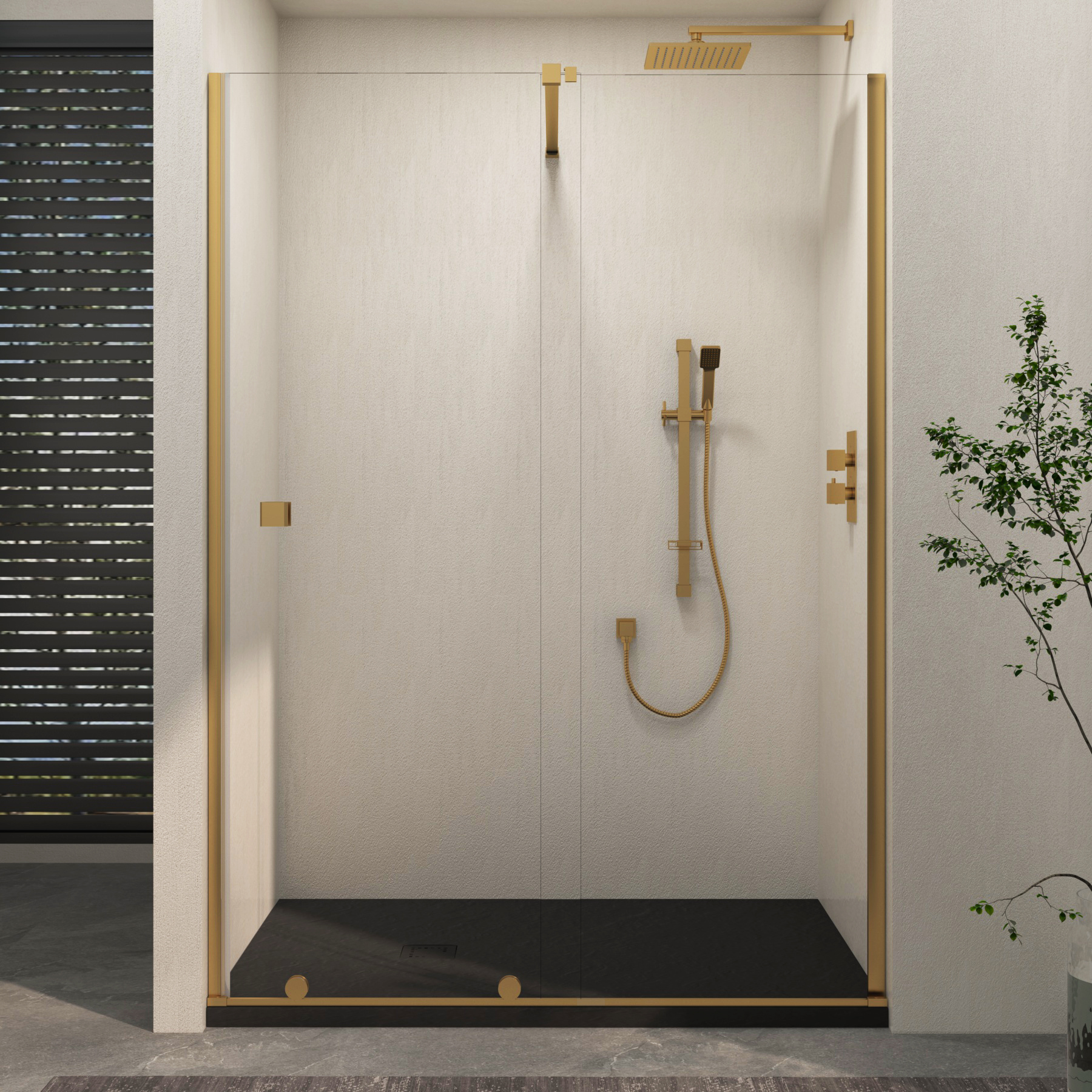 Luton Recessed Sliding Shower Screen with Black Slate Effect Stone Shower Tray 8mm Glass, 1950mm Tall - Brushed Brass