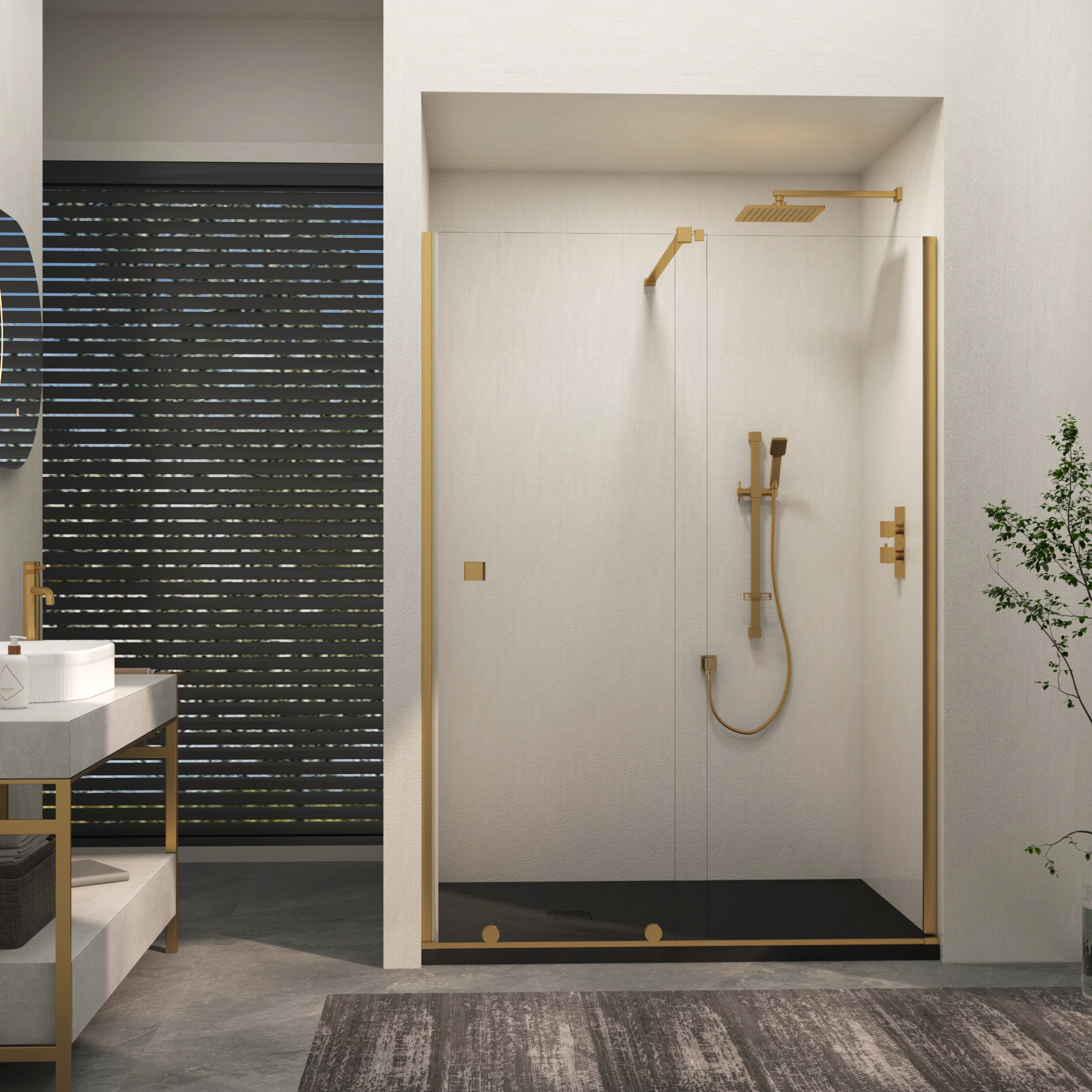 Luton Recessed Sliding Shower Screen with Black Slate Effect Stone Shower Tray 8mm Glass, 1950mm Tall - Brushed Brass