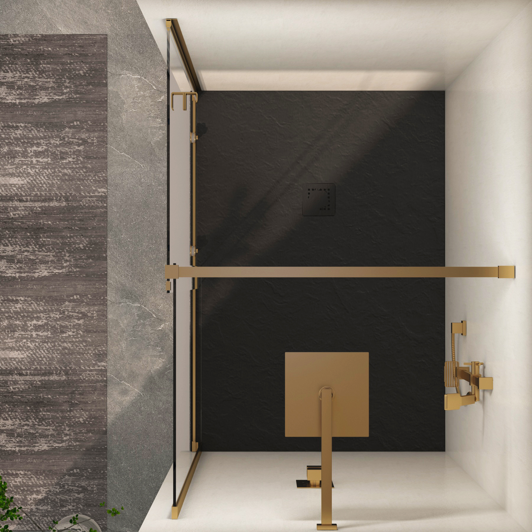 Luton Recessed Sliding Shower Screen with Black Slate Effect Stone Shower Tray 8mm Glass, 1950mm Tall - Brushed Brass