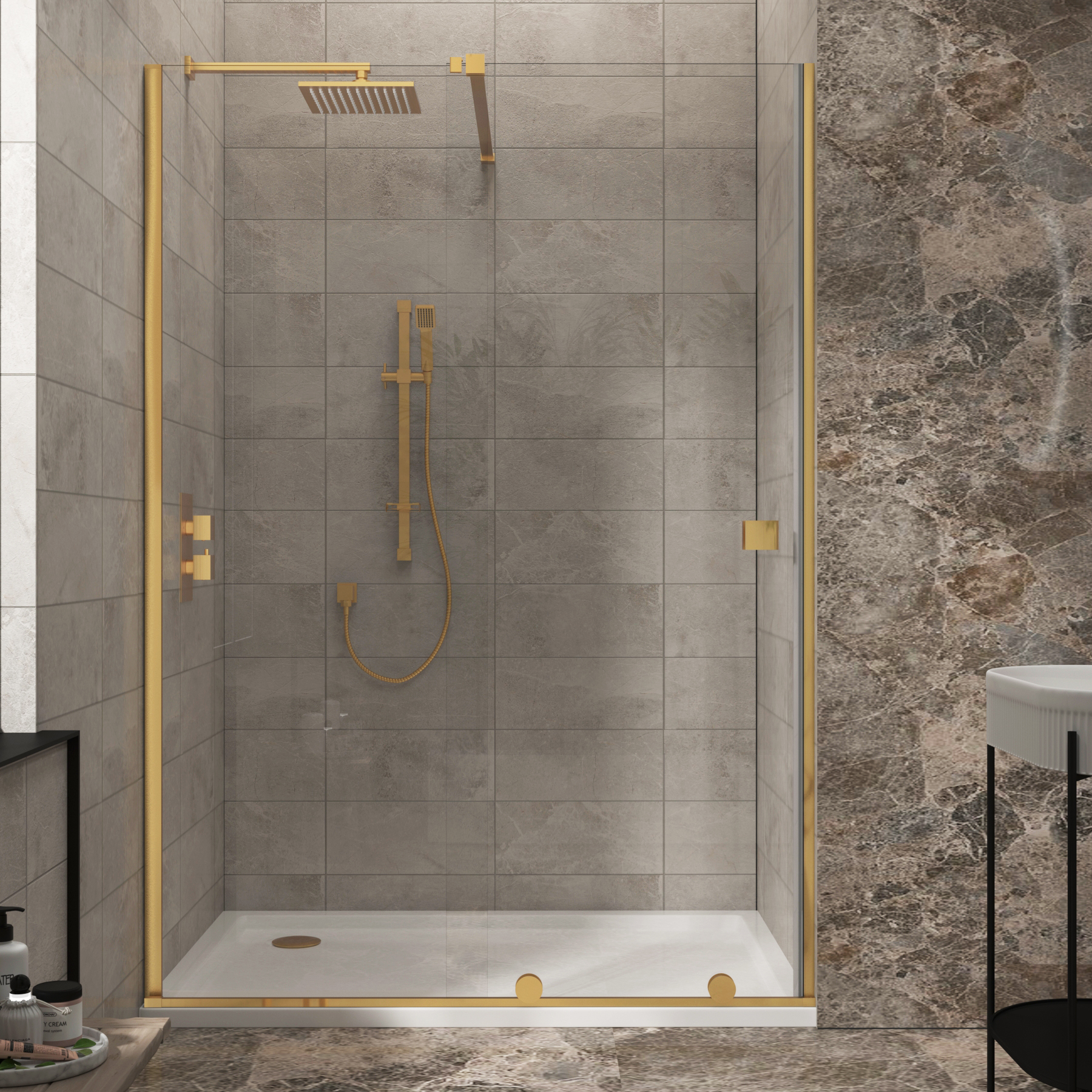 Luton Wet Room Recessed Sliding Shower Screen 8mm Easy Clean Glass, 1950mm Tall - Brushed Brass