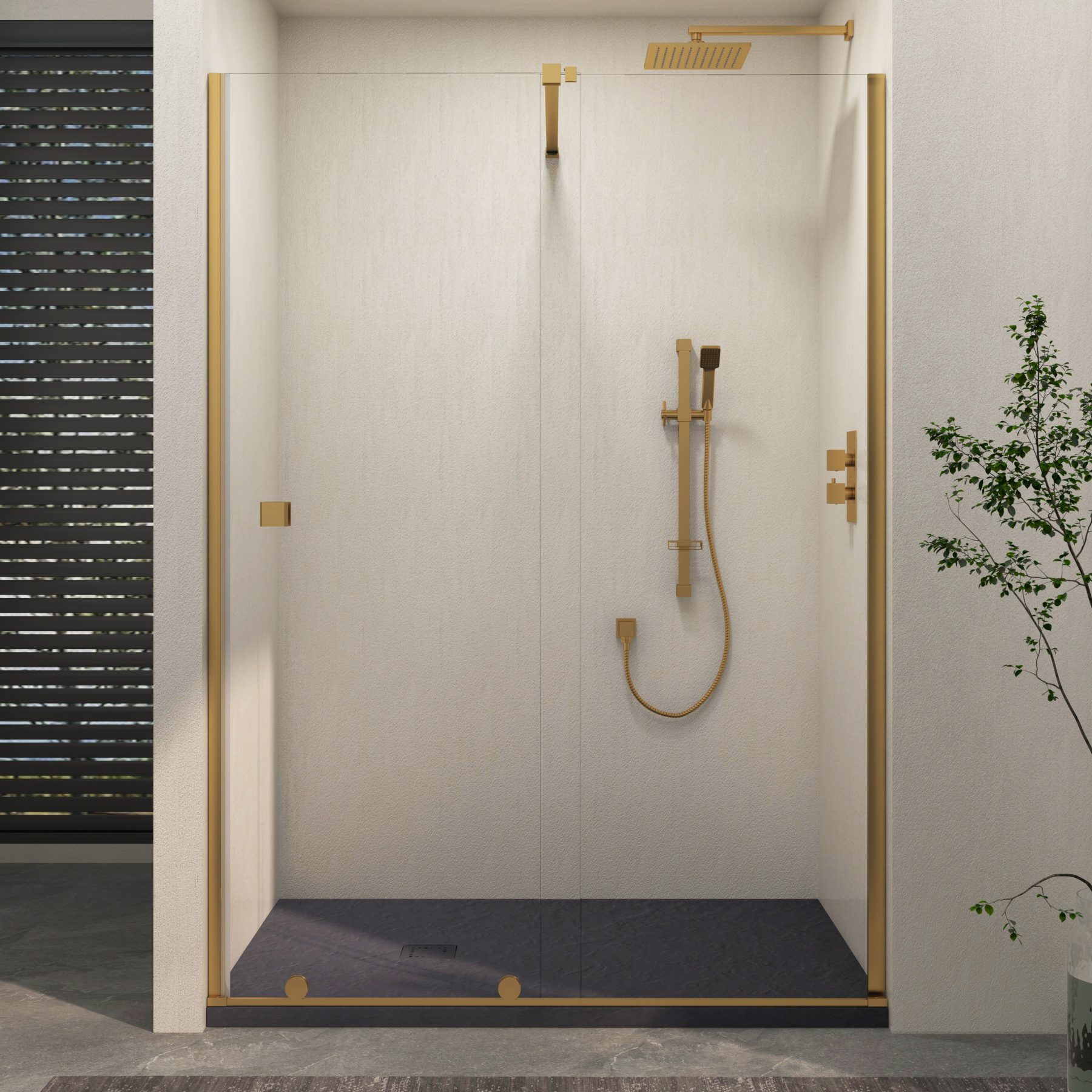 Luton Recessed Sliding Shower Screen with Grey Slate Effect Stone Shower Tray 8mm Glass, 1950mm Tall - Brushed Brass