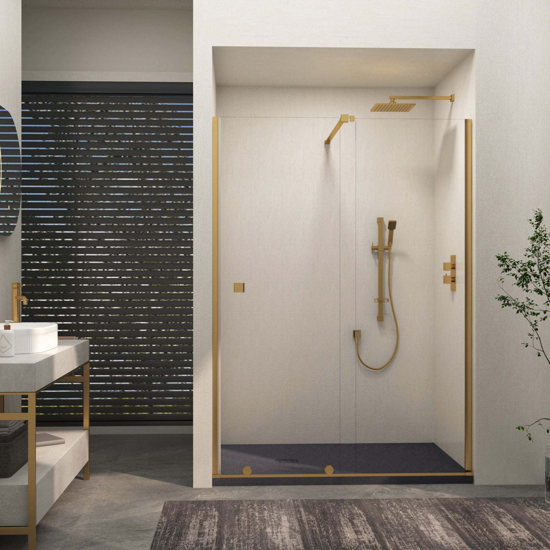 Luton Recessed Sliding Shower Screen with Grey Slate Effect Stone Shower Tray 8mm Glass, 1950mm Tall - Brushed Brass