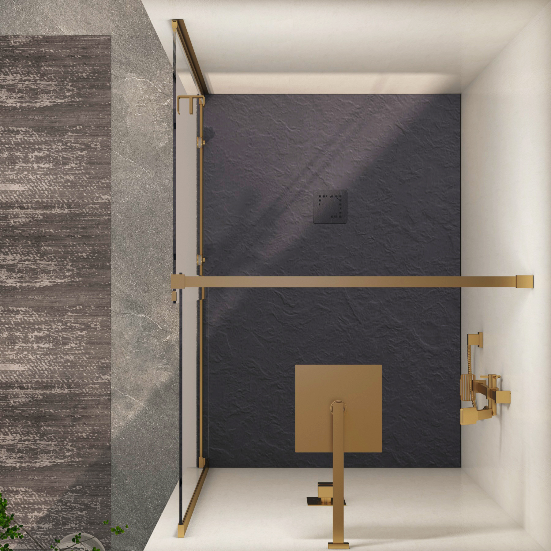 Luton Recessed Sliding Shower Screen with Grey Slate Effect Stone Shower Tray 8mm Glass, 1950mm Tall - Brushed Brass