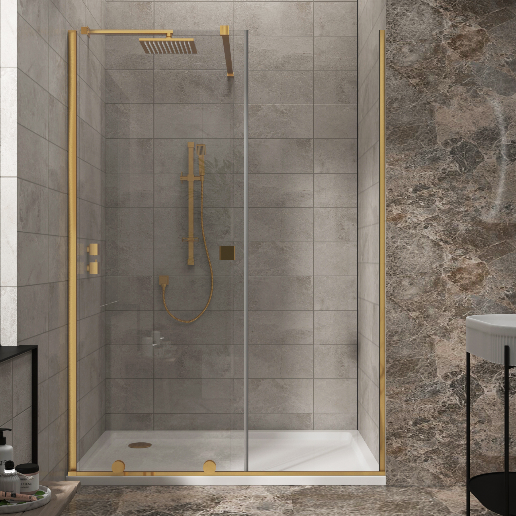 Luton Wet Room Recessed Sliding Shower Screen 8mm Easy Clean Glass, 1950mm Tall - Brushed Brass