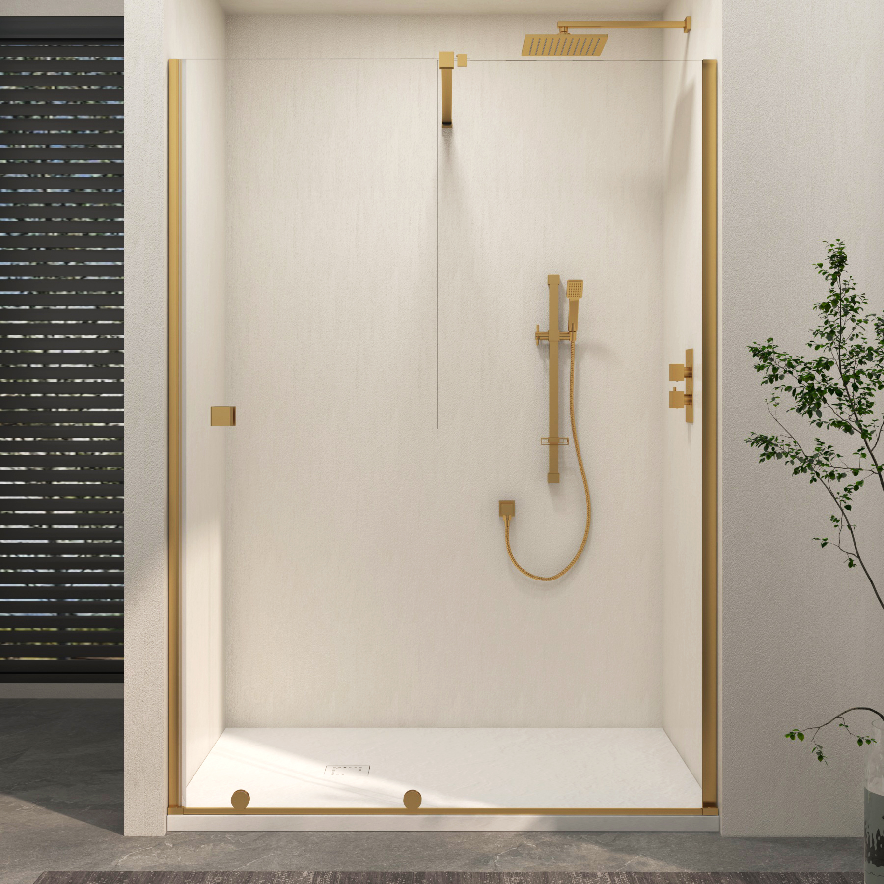 Luton Recessed Sliding Shower Screen with White Slate Effect Stone Shower Tray 8mm Glass, 1950mm Tall - Brushed Brass