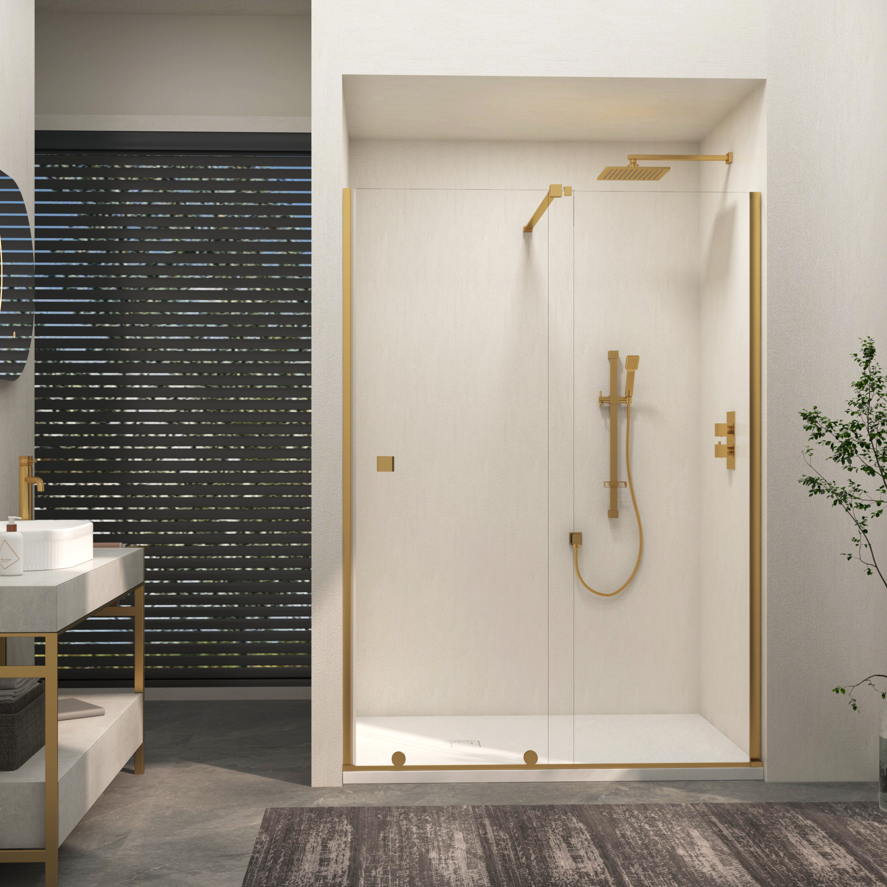 Luton Recessed Sliding Shower Screen with White Slate Effect Stone Shower Tray 8mm Glass, 1950mm Tall - Brushed Brass