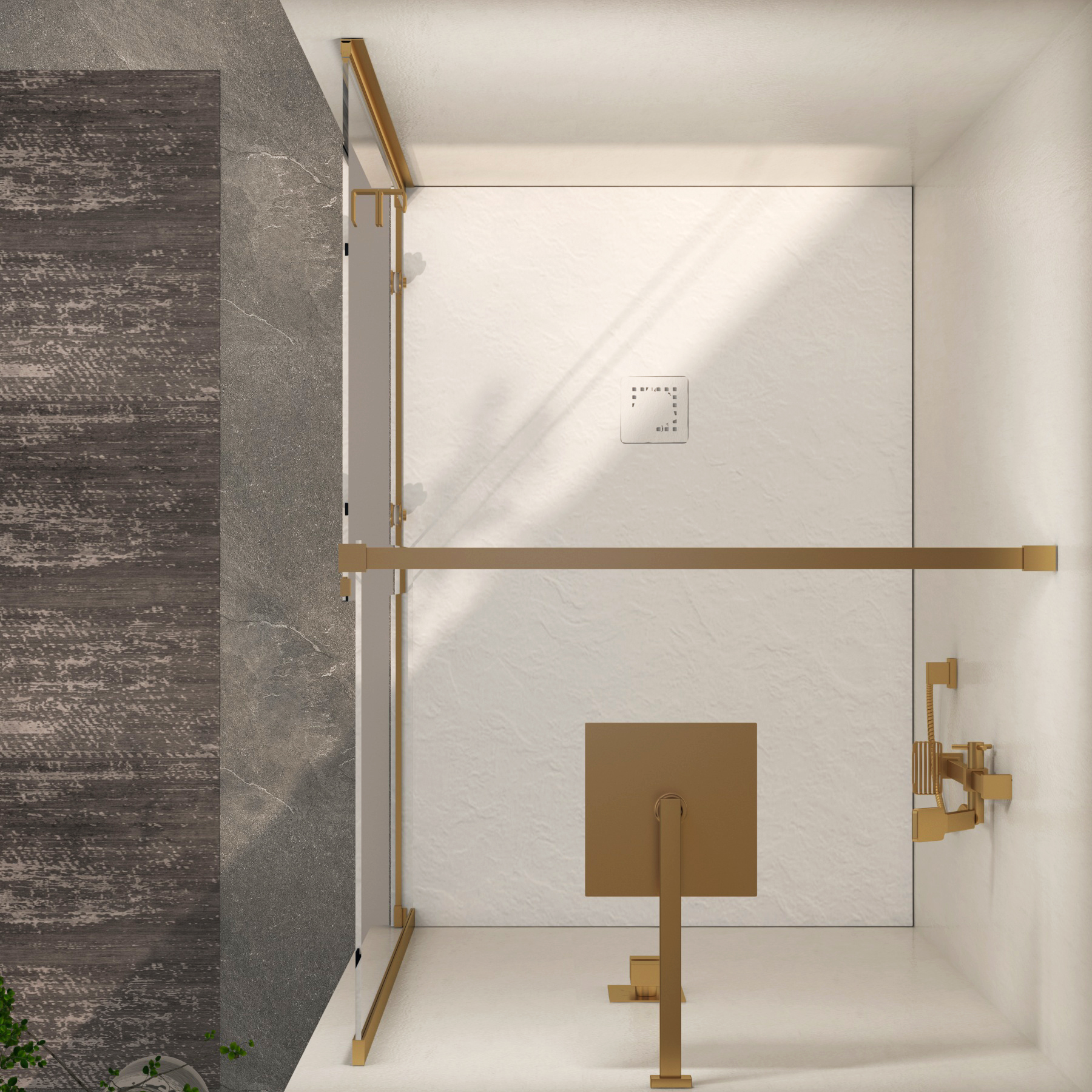 Luton Recessed Sliding Shower Screen with White Slate Effect Stone Shower Tray 8mm Glass, 1950mm Tall - Brushed Brass