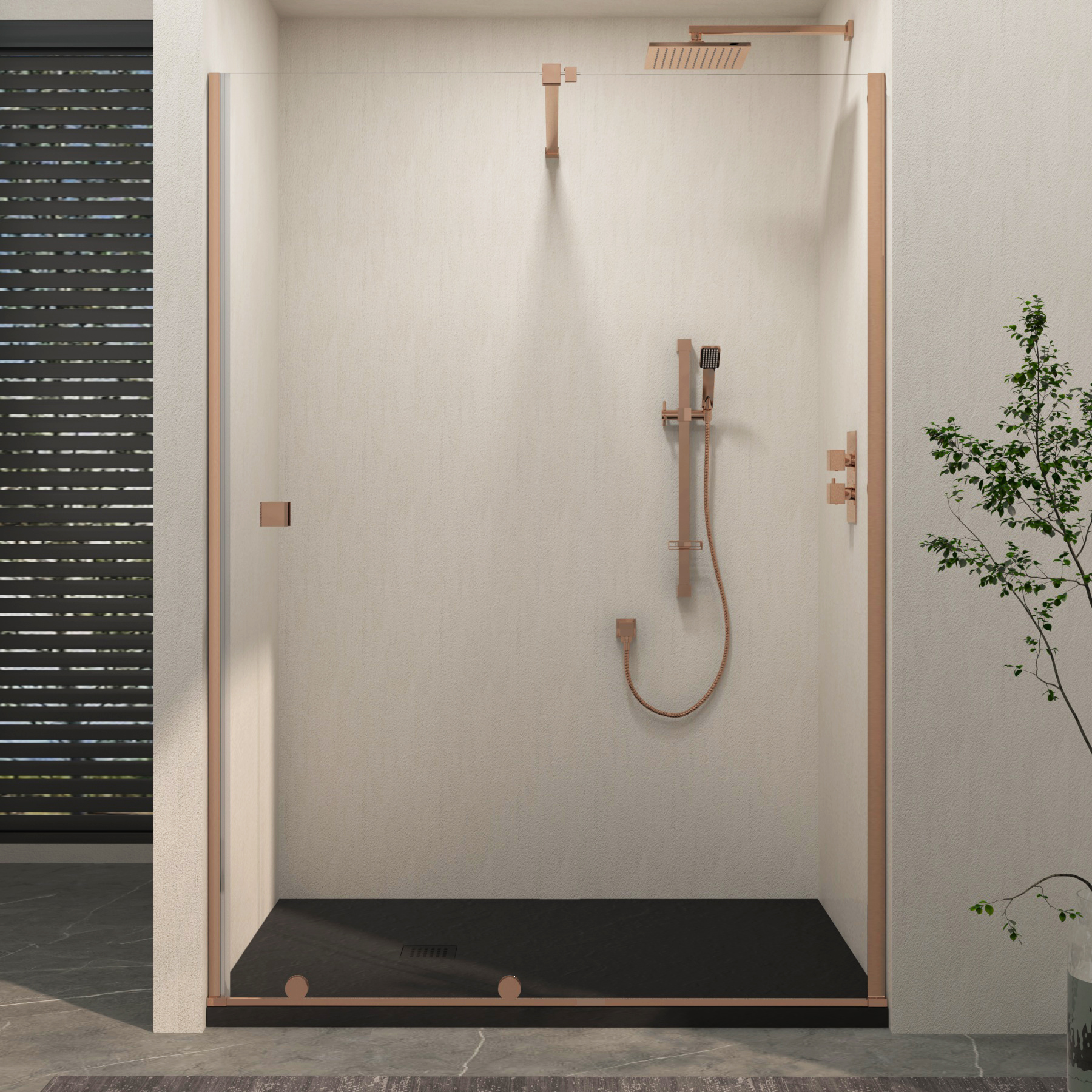 Luton Recessed Sliding Shower Screen with Black Slate Effect Stone Shower Tray 8mm Glass, 1950mm Tall - Brushed Bronze