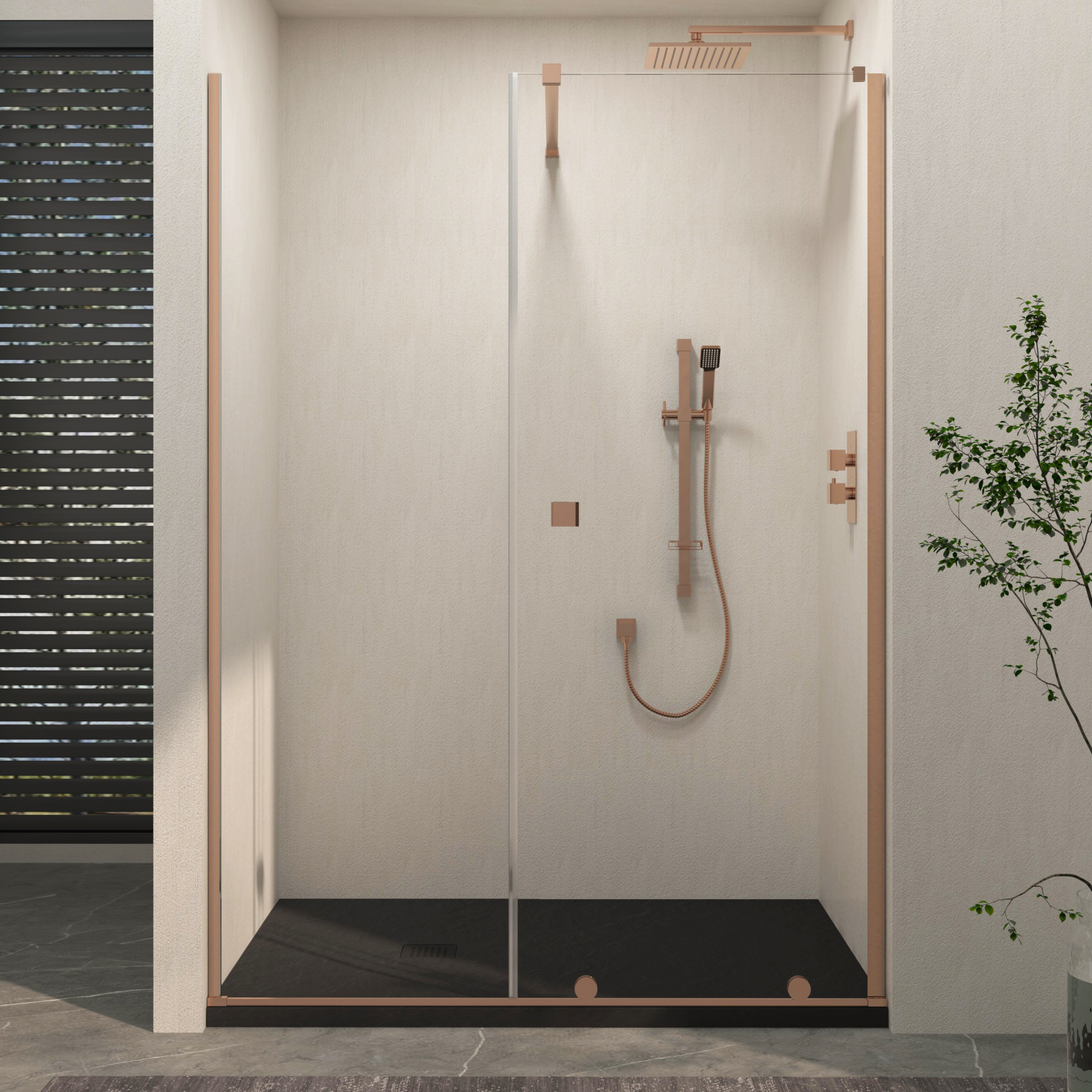 Luton Recessed Sliding Shower Screen with Black Slate Effect Stone Shower Tray 8mm Glass, 1950mm Tall - Brushed Bronze