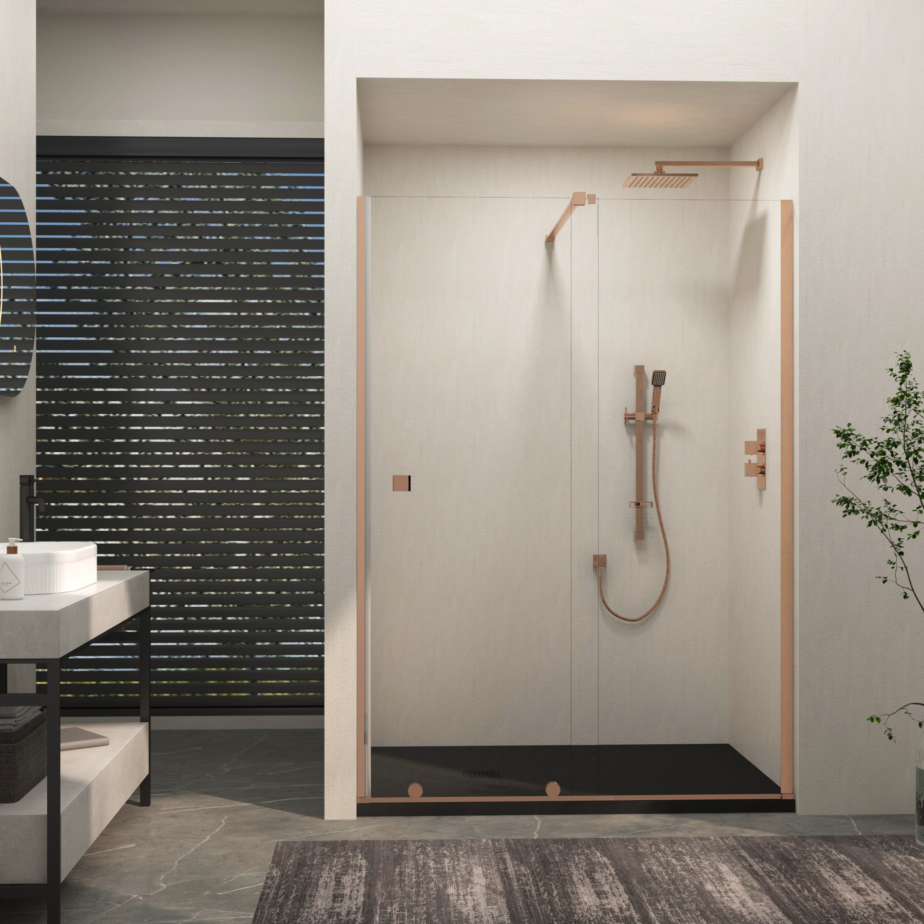 Luton Recessed Sliding Shower Screen with Black Slate Effect Stone Shower Tray 8mm Glass, 1950mm Tall - Brushed Bronze