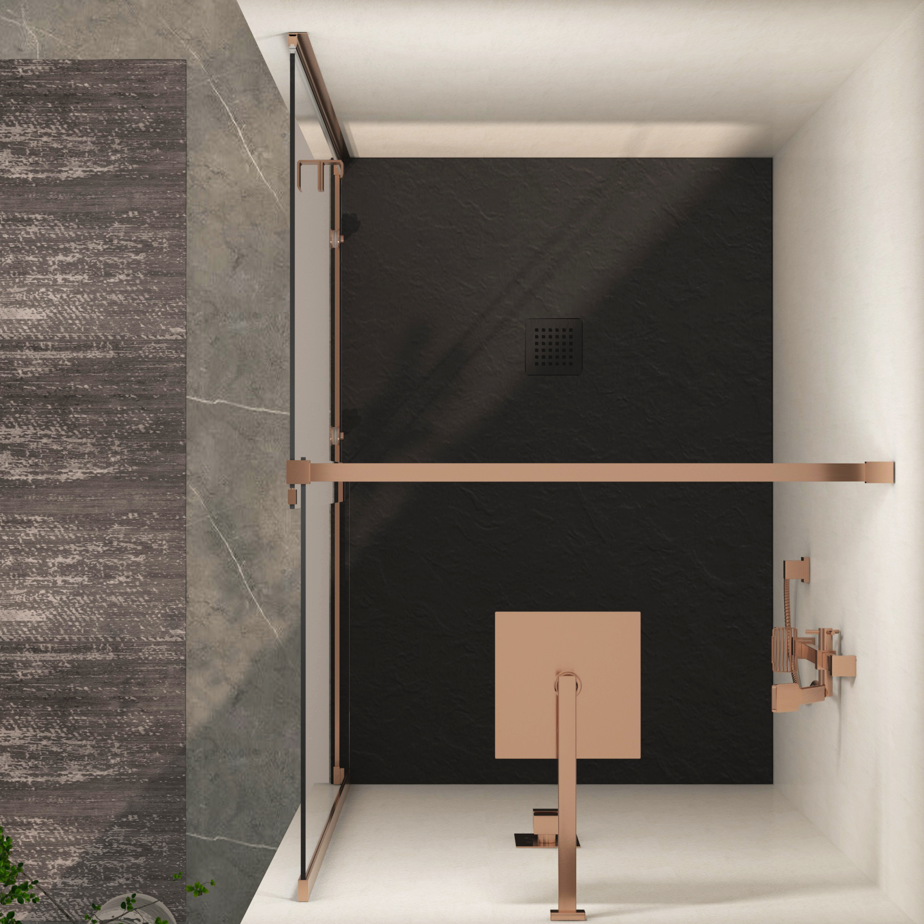 Luton Recessed Sliding Shower Screen with Black Slate Effect Stone Shower Tray 8mm Glass, 1950mm Tall - Brushed Bronze