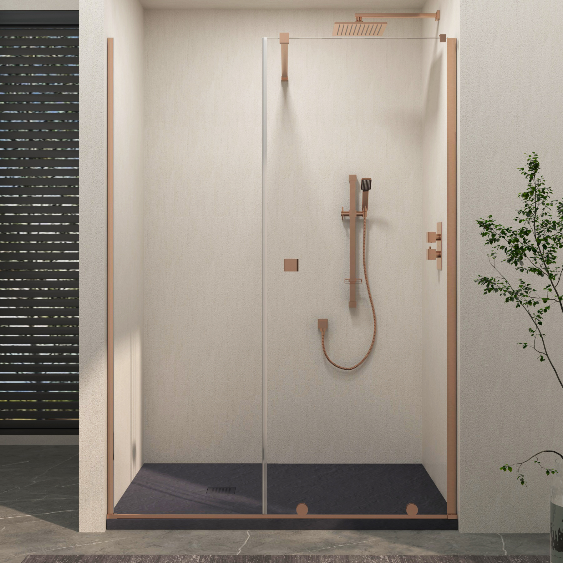 Luton Recessed Sliding Shower Screen with Grey Slate Effect Stone Shower Tray 8mm Glass, 1950mm Tall - Brushed Bronze