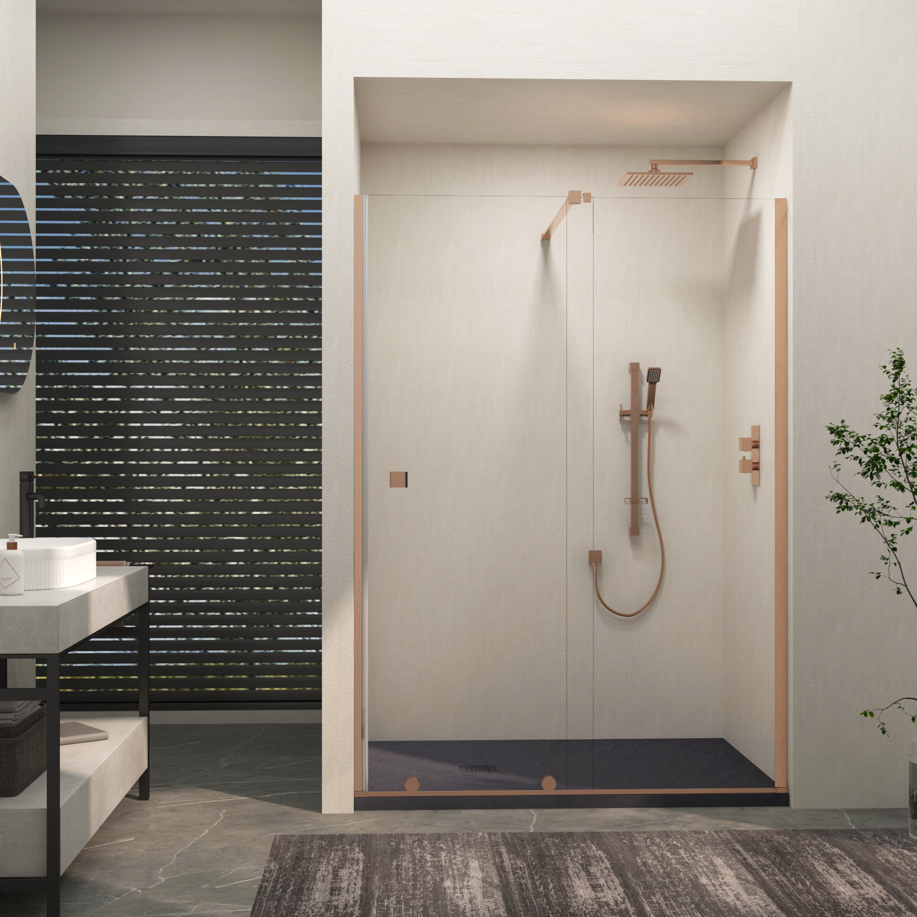 Luton Recessed Sliding Shower Screen with Grey Slate Effect Stone Shower Tray 8mm Glass, 1950mm Tall - Brushed Bronze