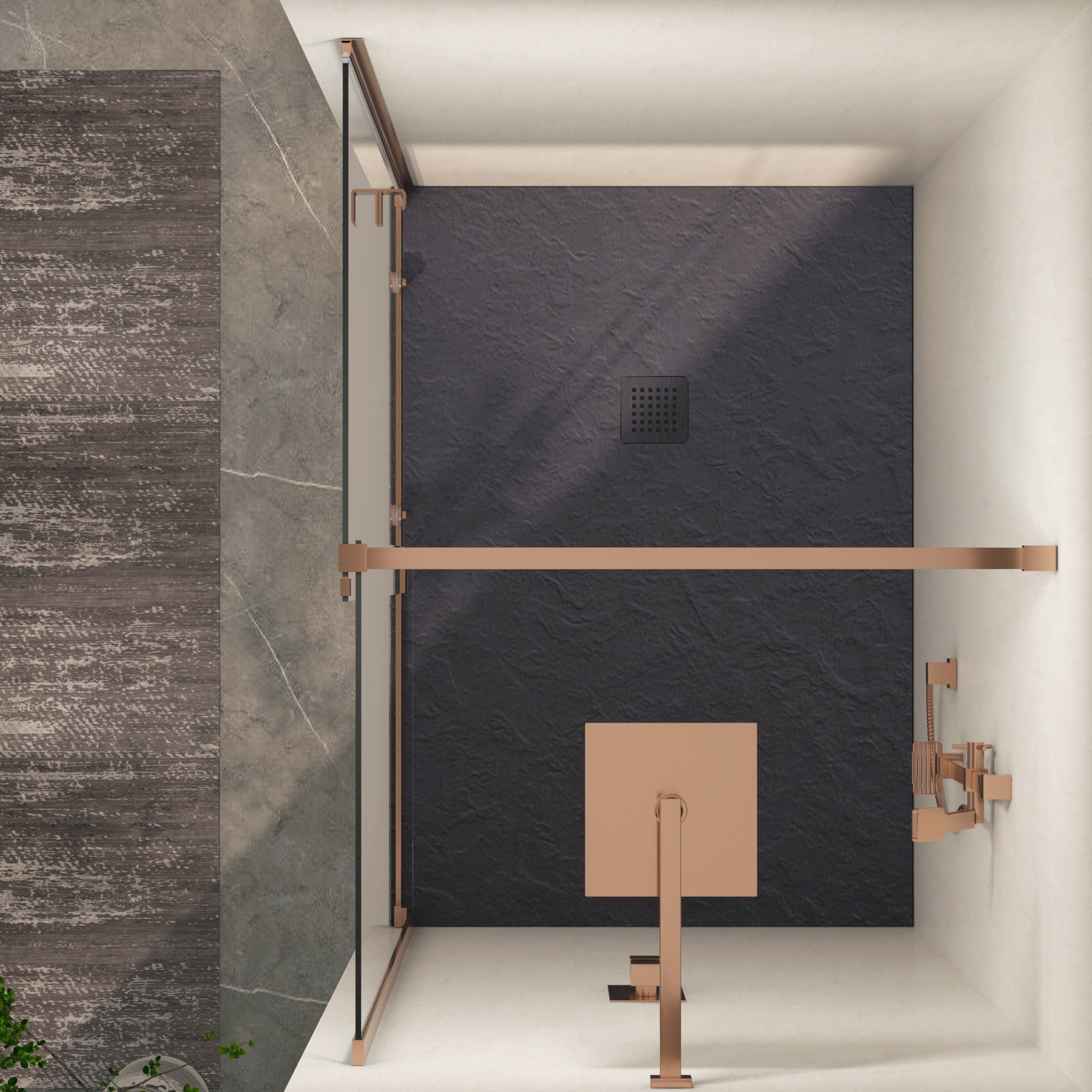 Luton Recessed Sliding Shower Screen with Grey Slate Effect Stone Shower Tray 8mm Glass, 1950mm Tall - Brushed Bronze