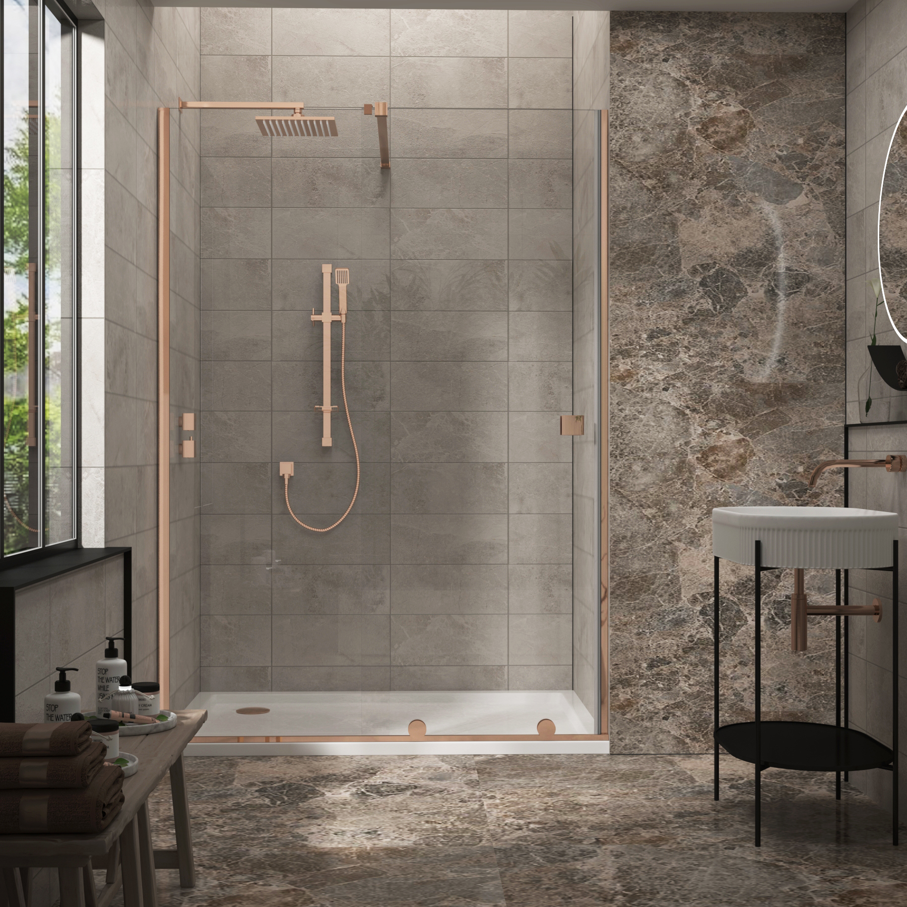 Luton Wet Room Recessed Sliding Shower Screen 8mm Easy Clean Glass, 1950mm Tall - Brushed Bronze
