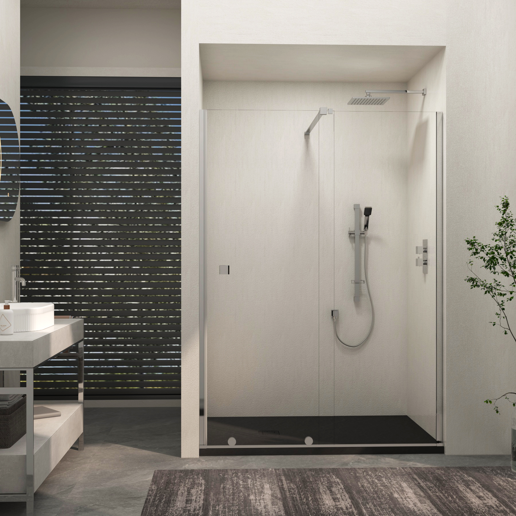 Luton Recessed Sliding Shower Screen with Black Slate Effect Stone Shower Tray 8mm Glass, 1950mm Tall - Chrome