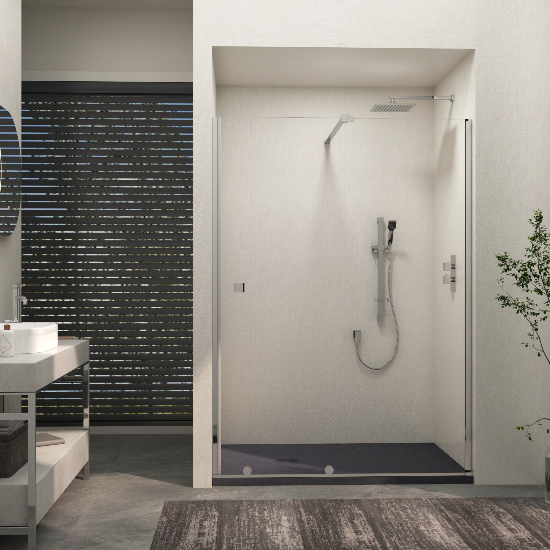 Luton Recessed Sliding Shower Screen with Grey Slate Effect Stone Shower Tray 8mm Glass, 1950mm Tall - Chrome