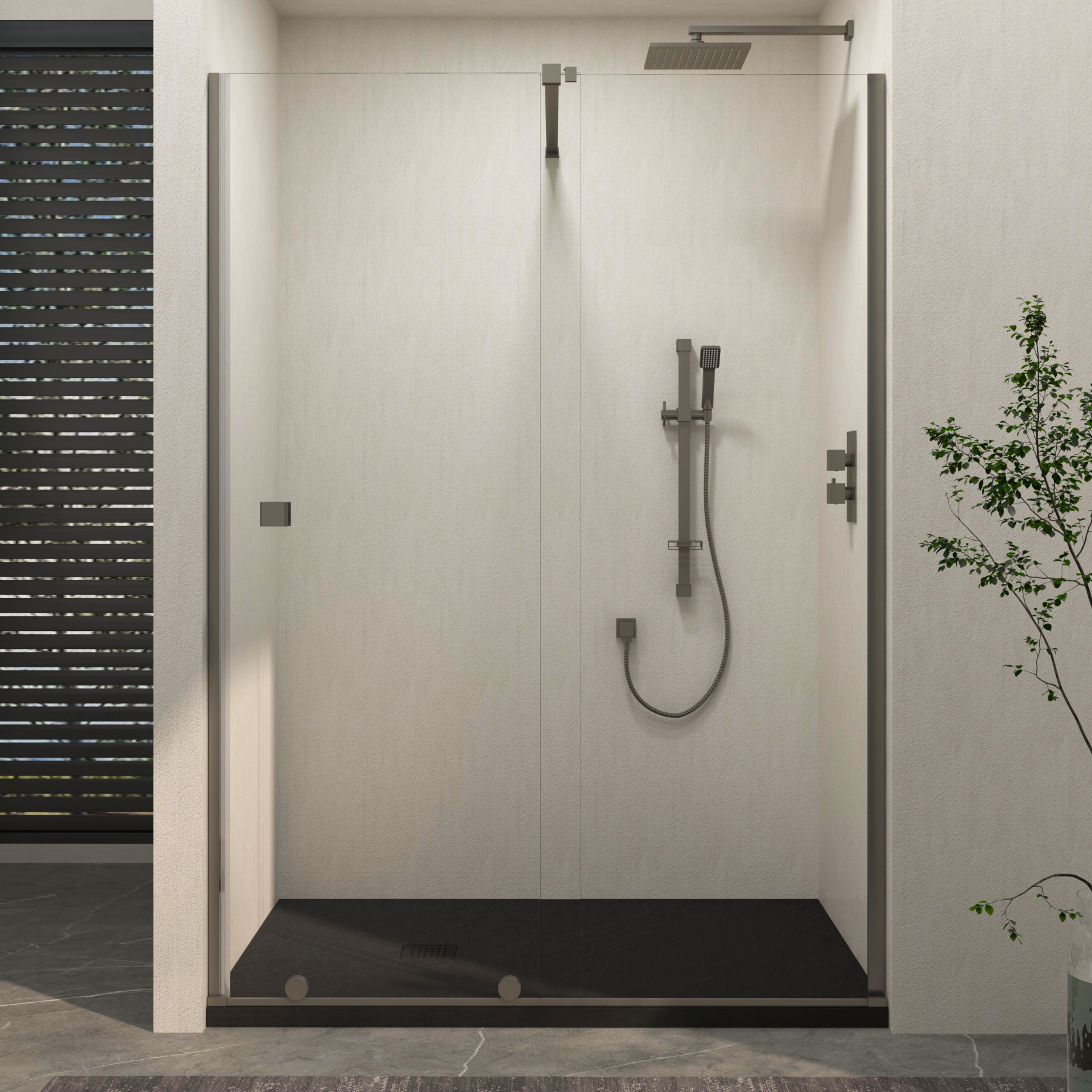 Luton Recessed Sliding Shower Screen with Black Slate Effect Stone Shower Tray 8mm Glass, 1950mm Tall - Gun Metal Grey