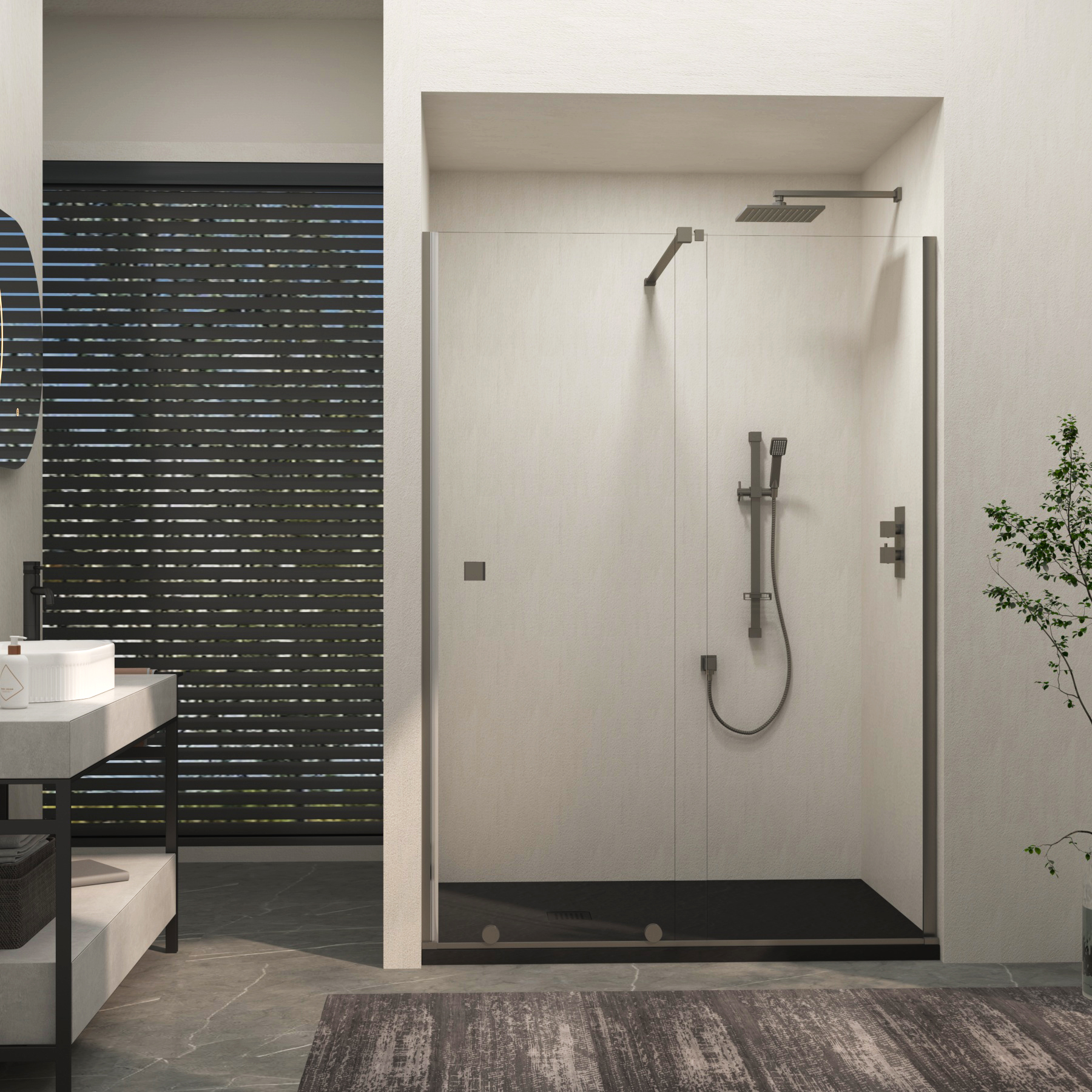 Luton Recessed Sliding Shower Screen with Black Slate Effect Stone Shower Tray 8mm Glass, 1950mm Tall - Gun Metal Grey