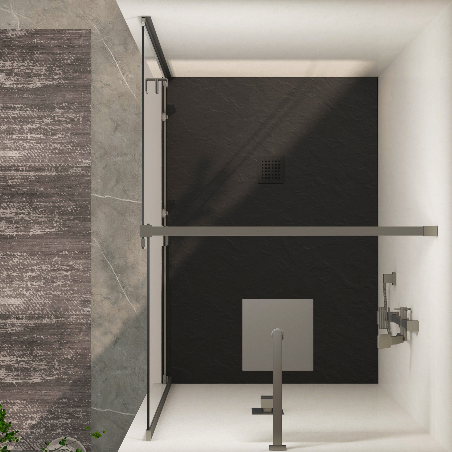 Luton Recessed Sliding Shower Screen with Black Slate Effect Stone Shower Tray 8mm Glass, 1950mm Tall - Gun Metal Grey