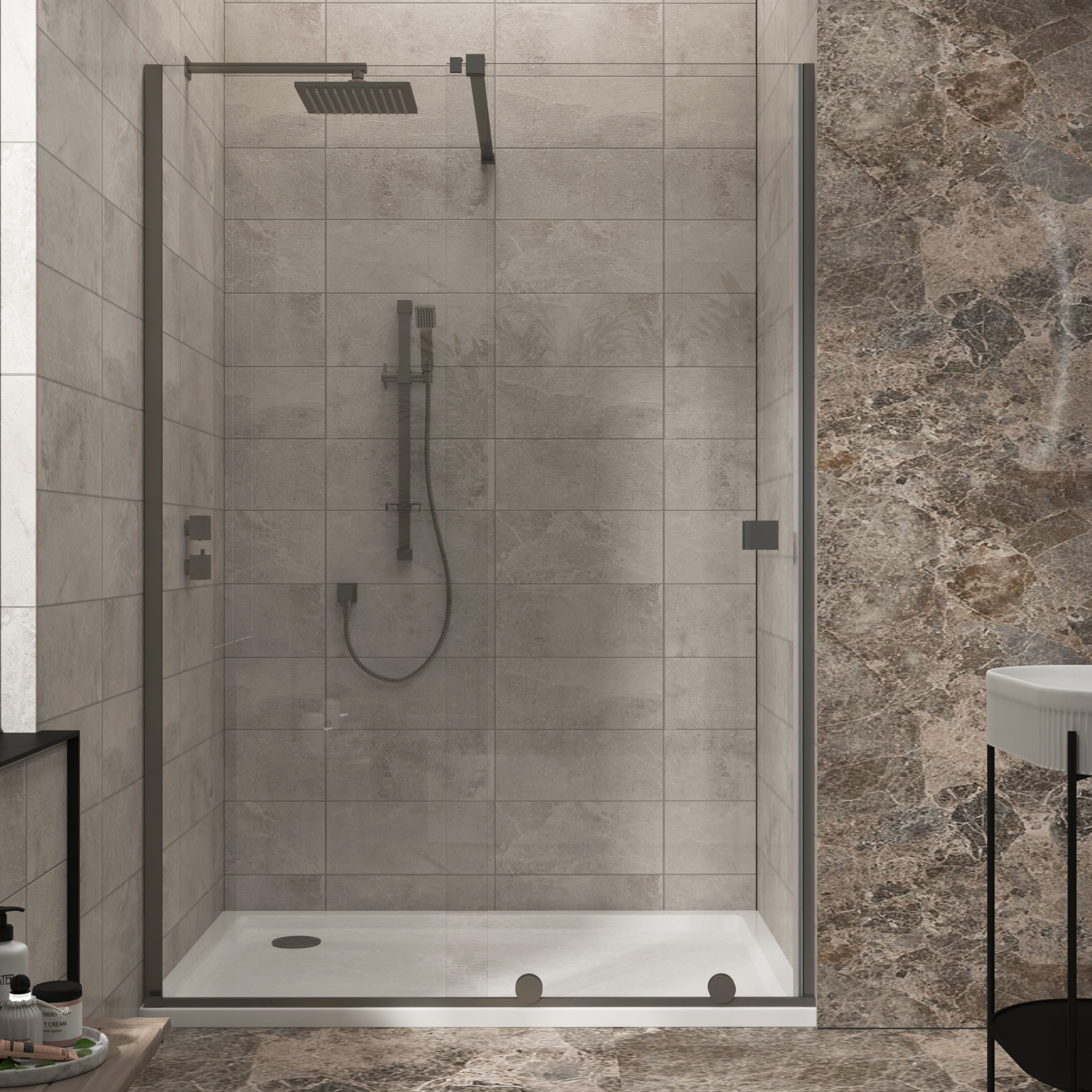 Luton Wet Room Recessed Sliding Shower Screen 8mm Easy Clean Glass, 1950mm Tall - Gun Metal Grey