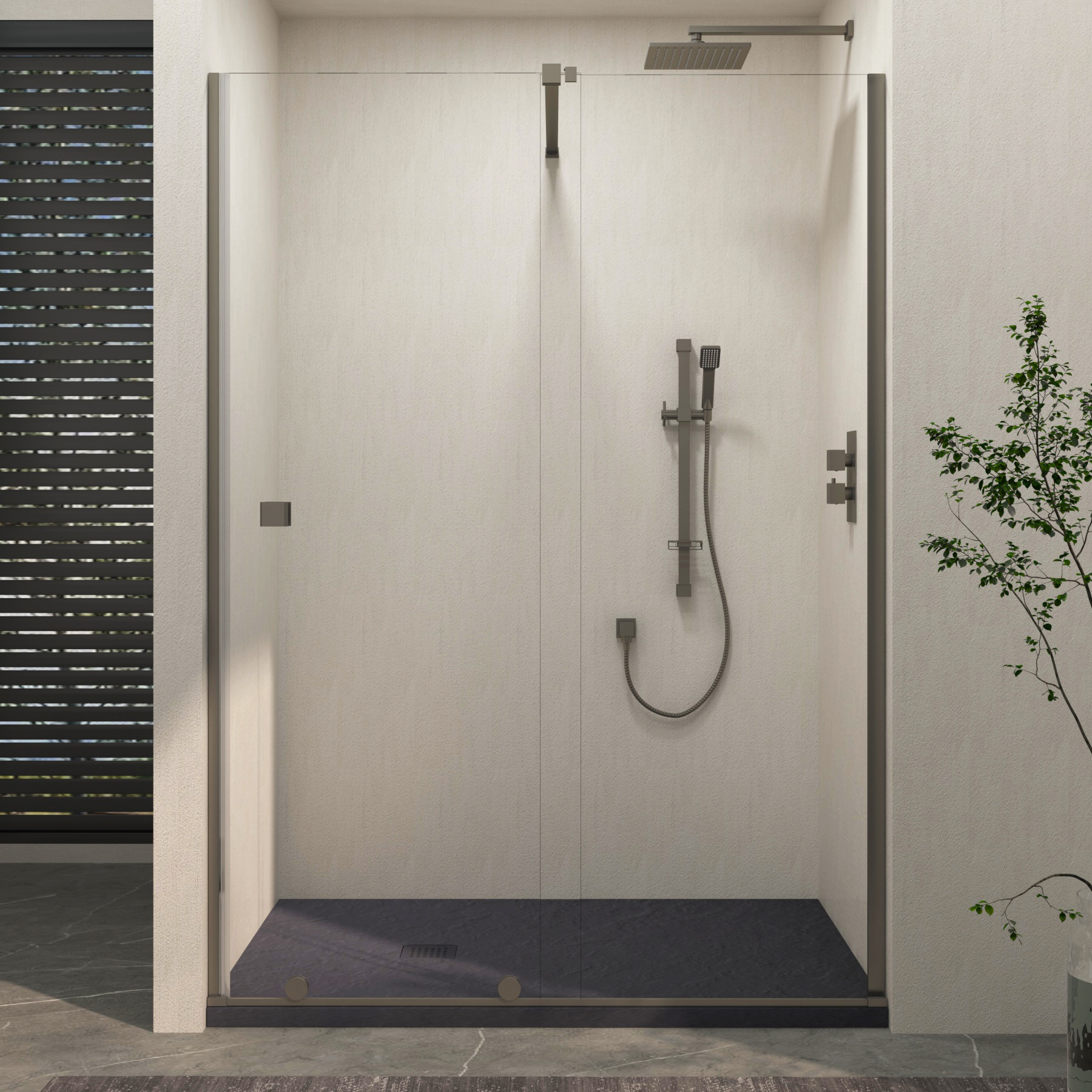 Luton Recessed Sliding Shower Screen with Grey Slate Effect Stone Shower Tray 8mm Glass, 1950mm Tall - Gun Metal Grey