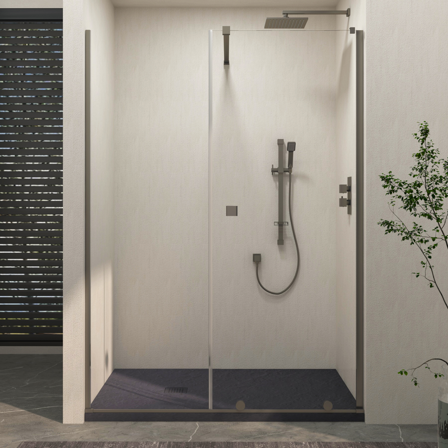 Luton Recessed Sliding Shower Screen with Grey Slate Effect Stone Shower Tray 8mm Glass, 1950mm Tall - Gun Metal Grey