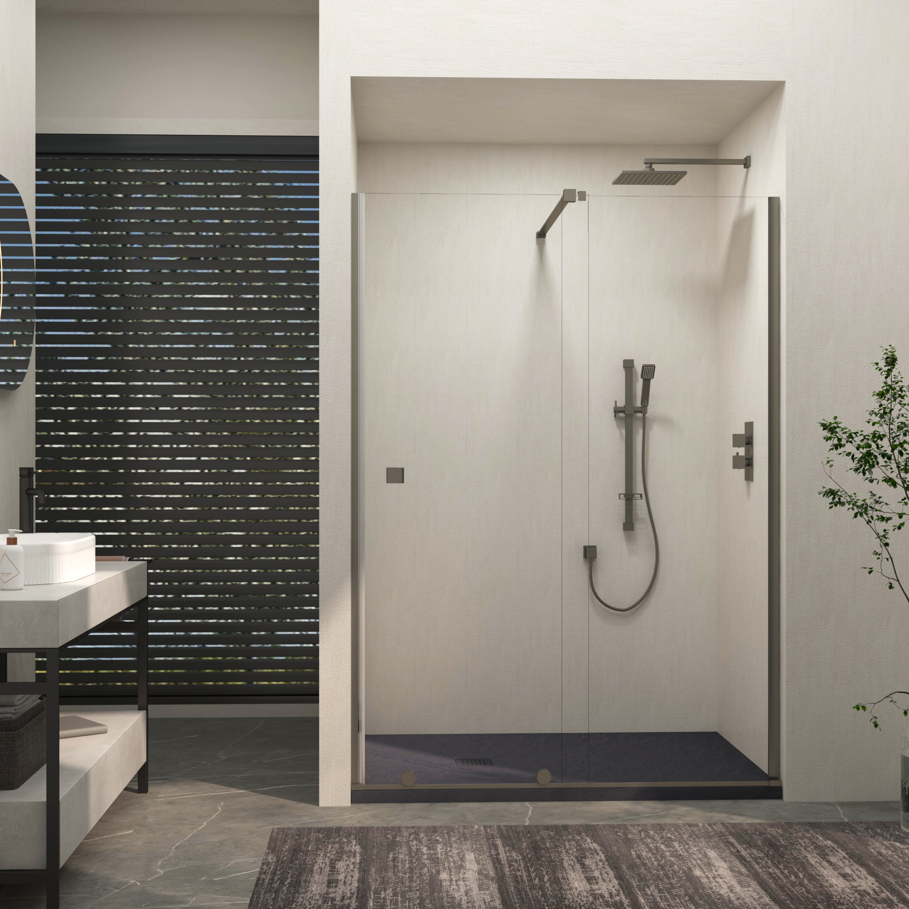 Luton Recessed Sliding Shower Screen with Grey Slate Effect Stone Shower Tray 8mm Glass, 1950mm Tall - Gun Metal Grey