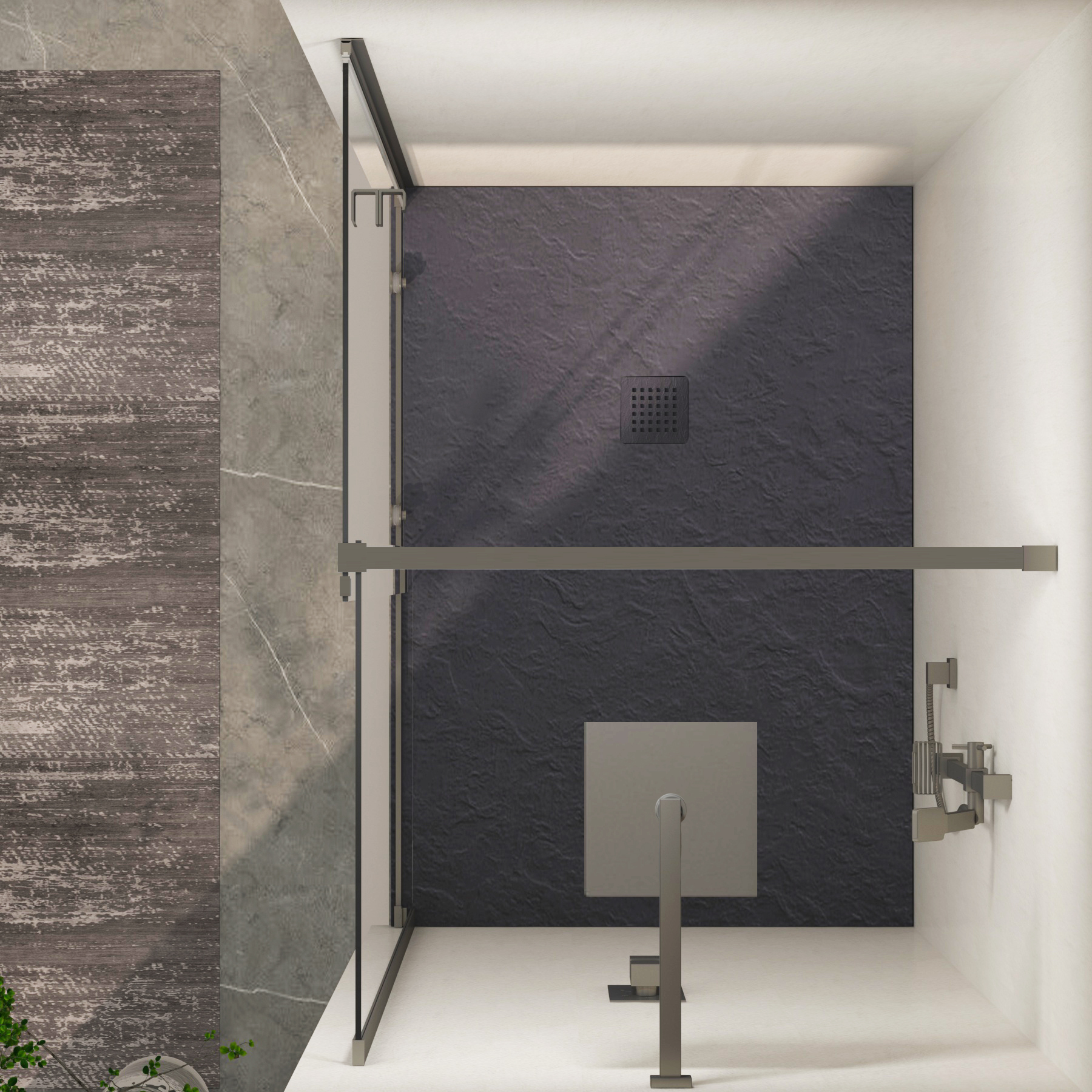 Luton Recessed Sliding Shower Screen with Grey Slate Effect Stone Shower Tray 8mm Glass, 1950mm Tall - Gun Metal Grey