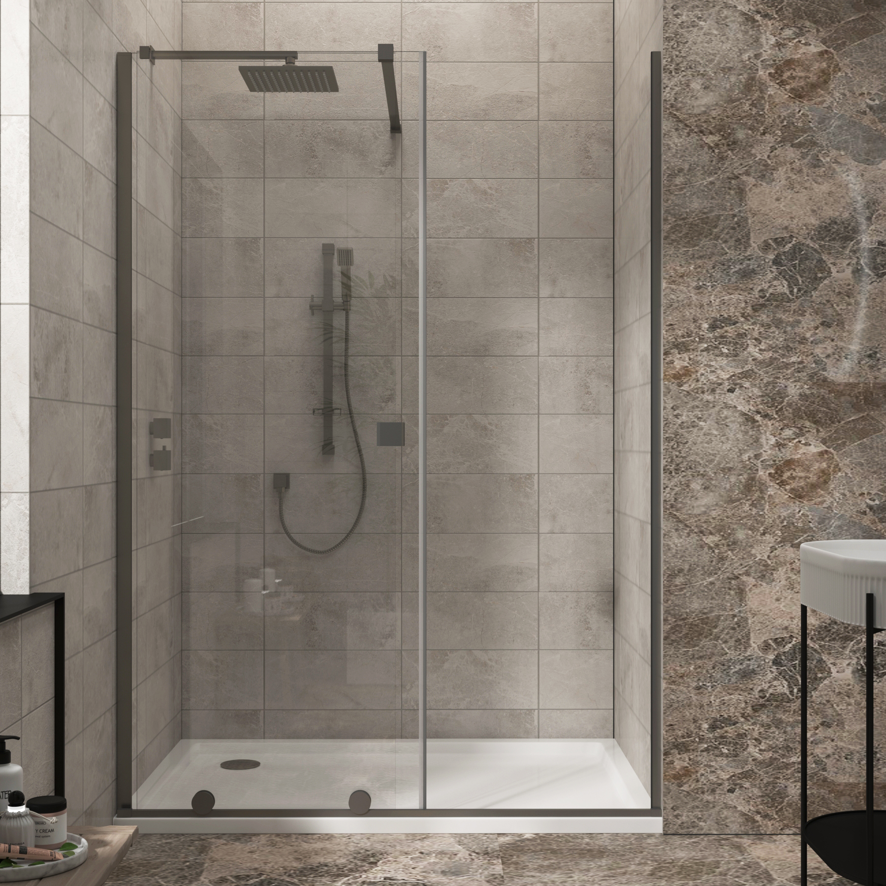 Luton Wet Room Recessed Sliding Shower Screen 8mm Easy Clean Glass, 1950mm Tall - Gun Metal Grey