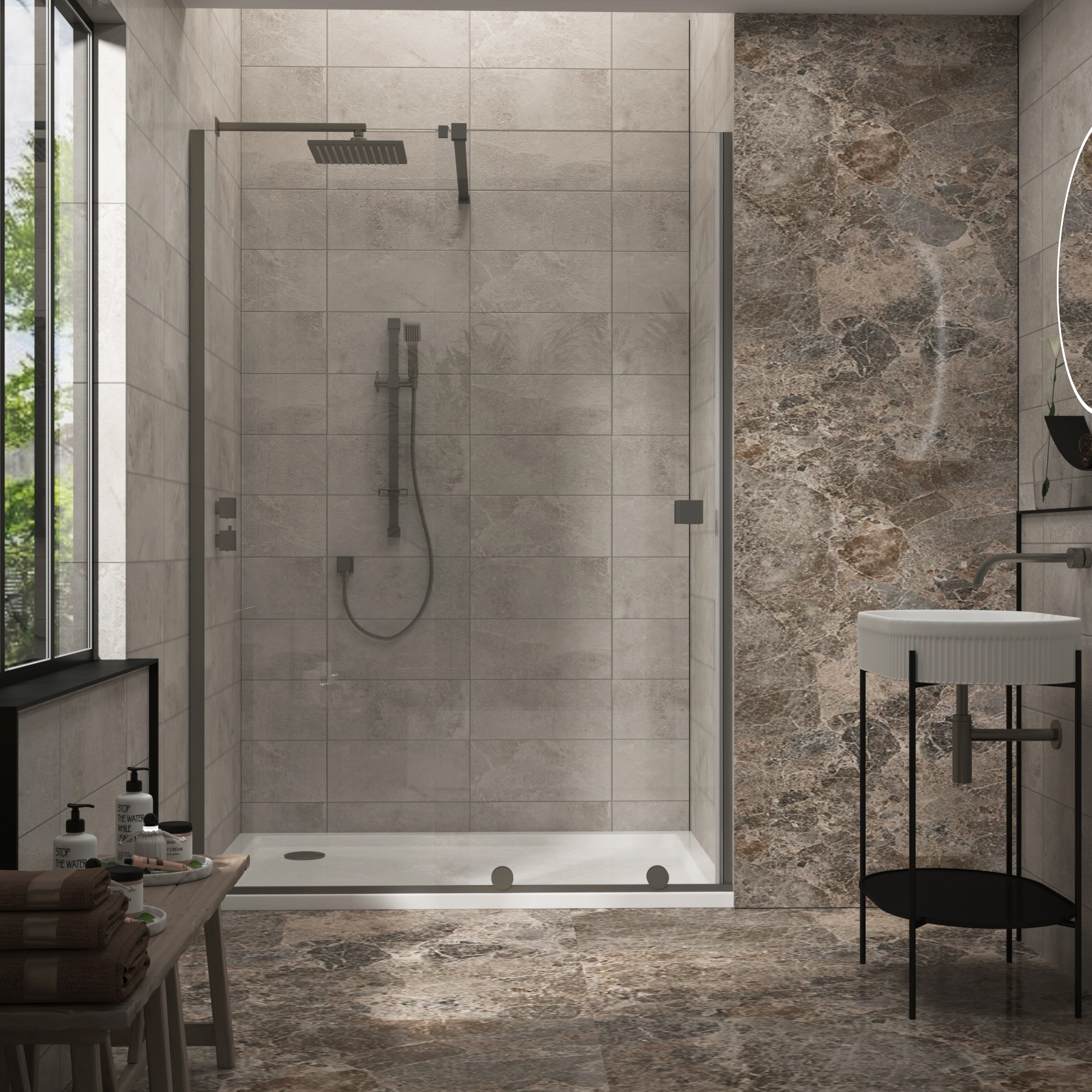 Luton Wet Room Recessed Sliding Shower Screen 8mm Easy Clean Glass, 1950mm Tall - Gun Metal Grey