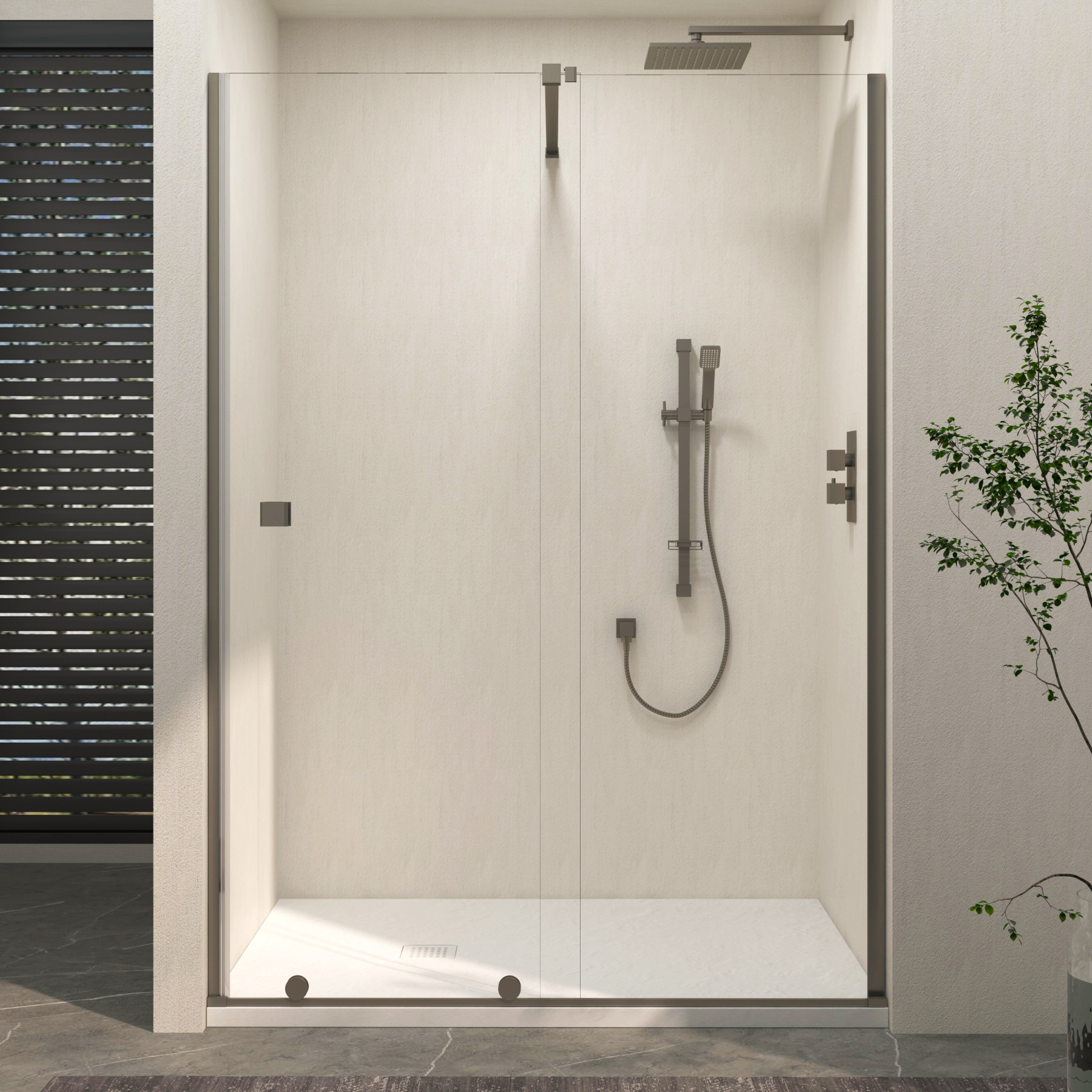 Luton Recessed Sliding Shower Screen with White Slate Effect Stone Shower Tray 8mm Glass, 1950mm Tall - Gun Metal Grey