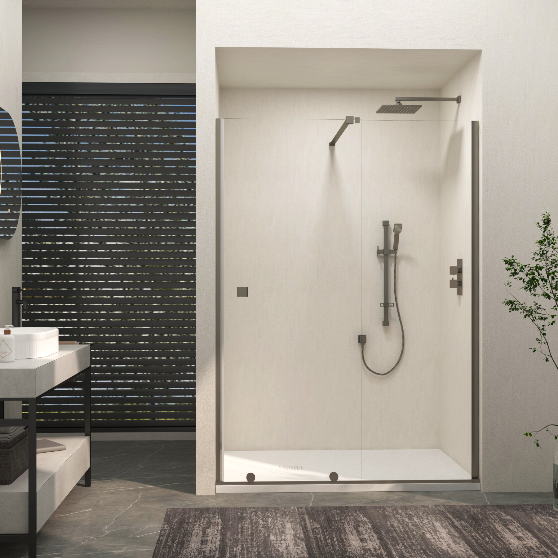 Luton Recessed Sliding Shower Screen with White Slate Effect Stone Shower Tray 8mm Glass, 1950mm Tall - Gun Metal Grey
