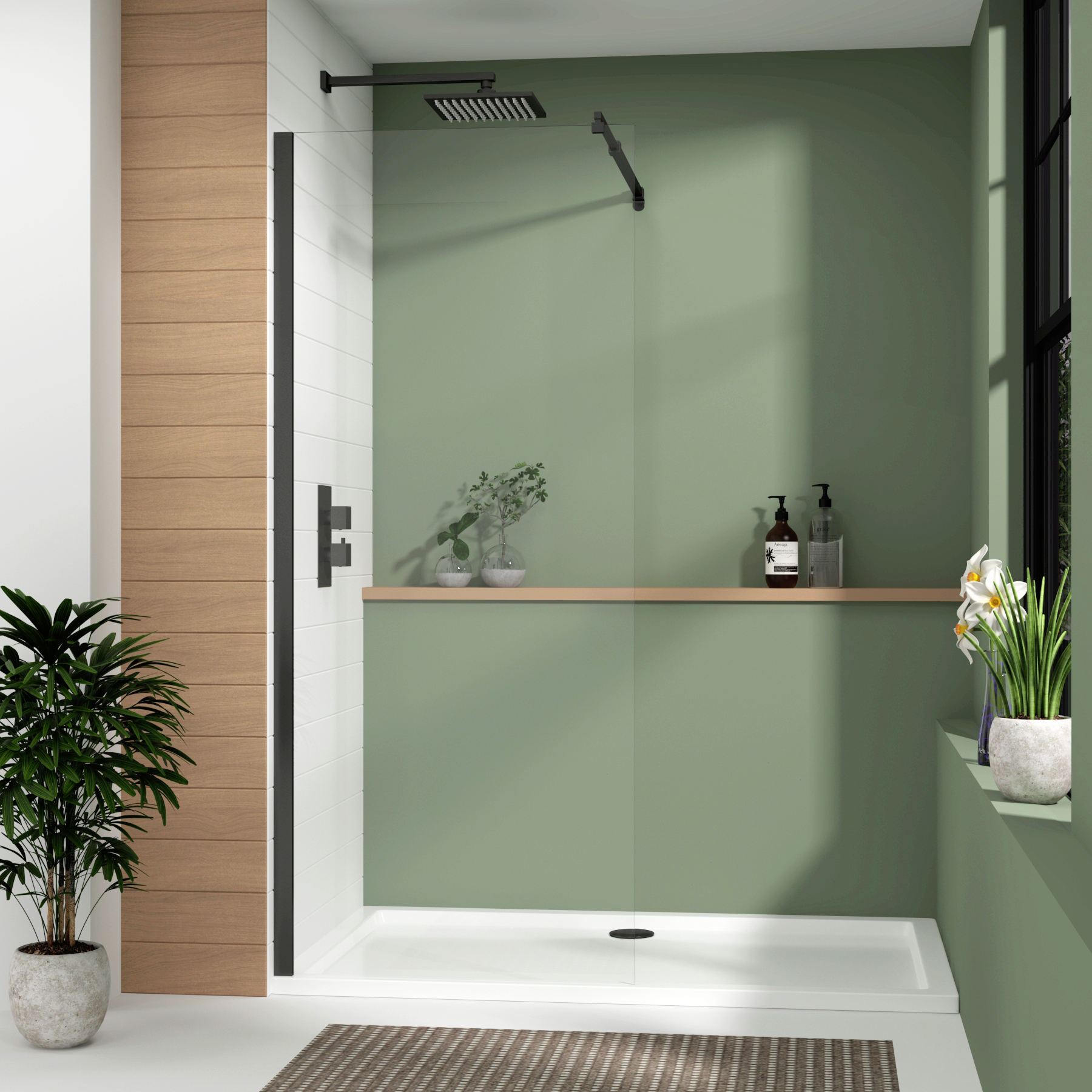 Luton Walk In Wet Room Shower Screen 8mm Easy Clean Glass with Top Support Arm, 1950mm Tall - Matt Black
