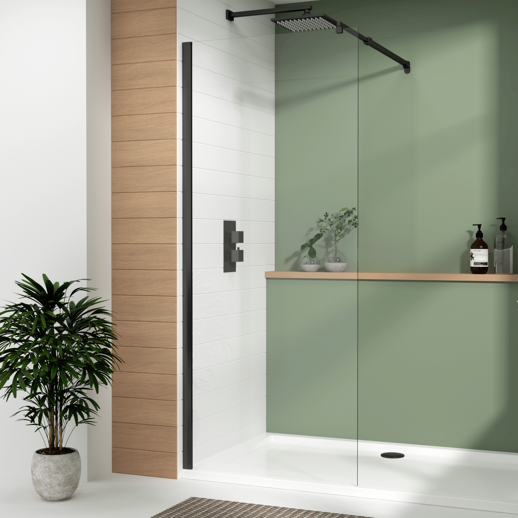 Luton Walk In Wet Room Shower Screen 8mm Easy Clean Glass with Top Support Arm, 1950mm Tall - Matt Black