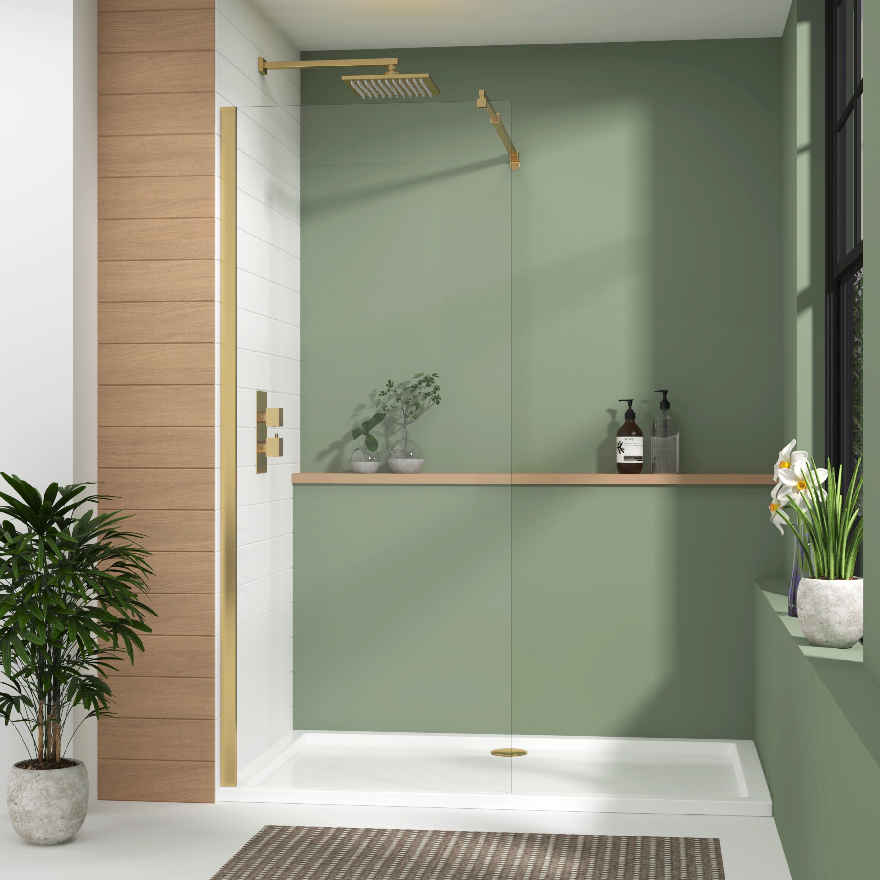 Luton Walk In Wet Room Shower Screen 8mm Easy Clean Glass with Top Support Arm, 1950mm Tall - Brushed Brass