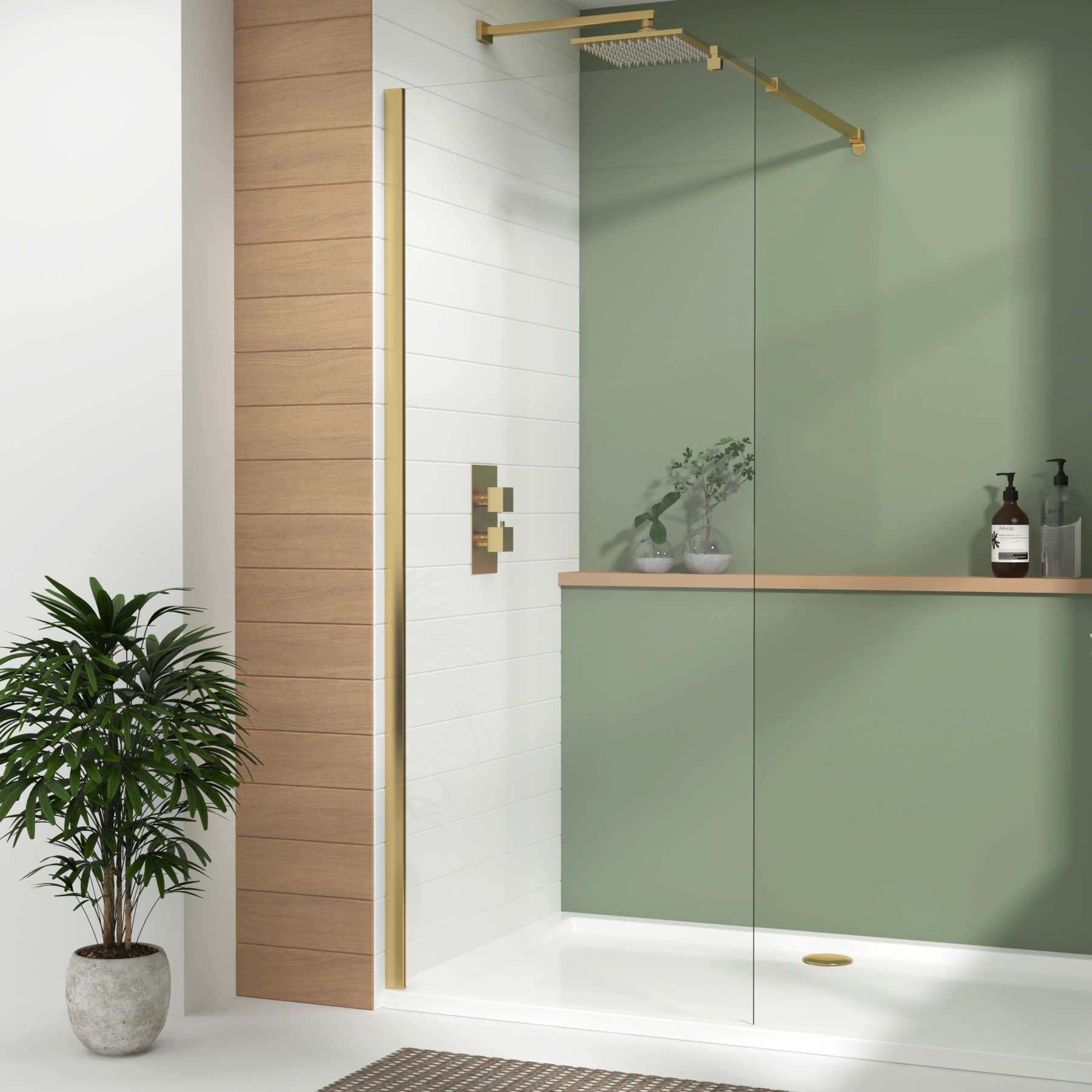 Luton Walk In Wet Room Shower Screen 8mm Easy Clean Glass with Top Support Arm, 1950mm Tall - Brushed Brass