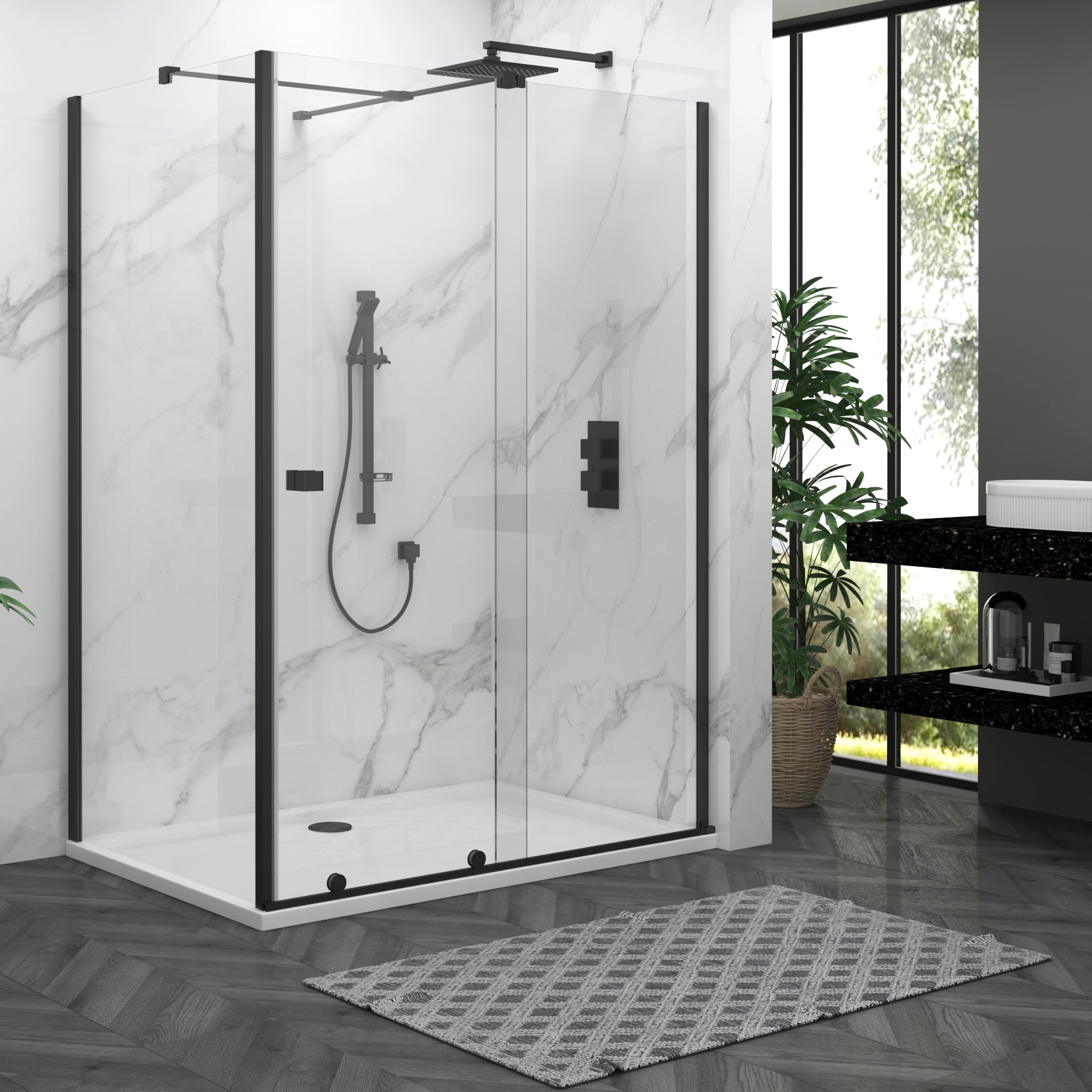 Luton 1400 x 900mm Wet Room Sliding Shower Screen Enclosure with Tray 8mm Easy Clean Glass, 1950mm Tall - Matt Black
