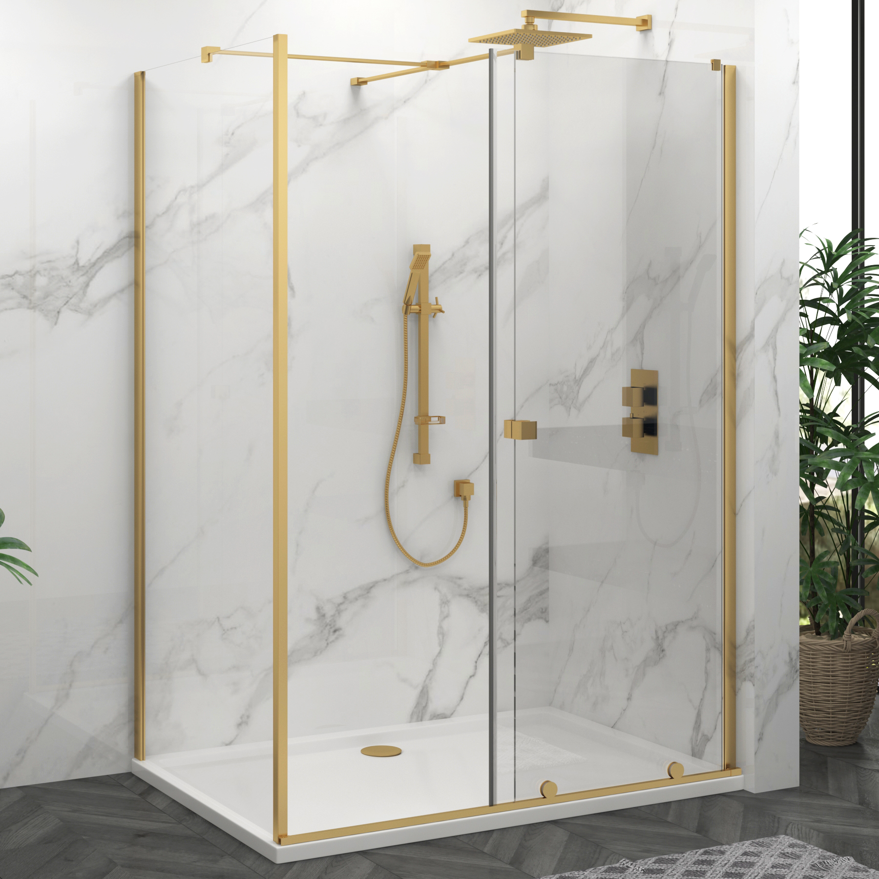 Luton Wet Room Sliding Shower Screen Enclosure with Tray 8mm Easy Clean Glass, 1950mm Tall - Brushed Brass