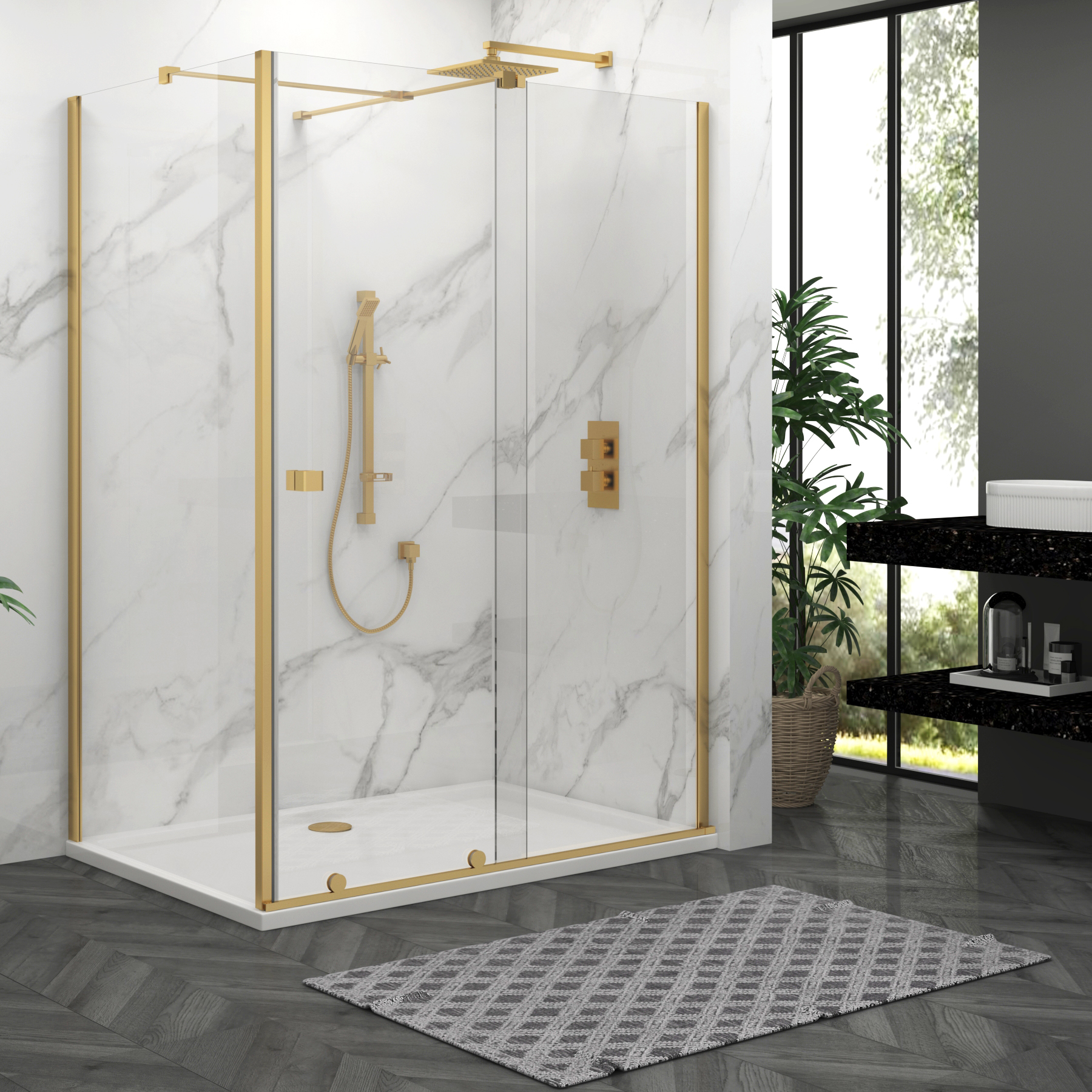 Luton Wet Room Sliding Shower Screen Enclosure with Tray 8mm Easy Clean Glass, 1950mm Tall - Brushed Brass